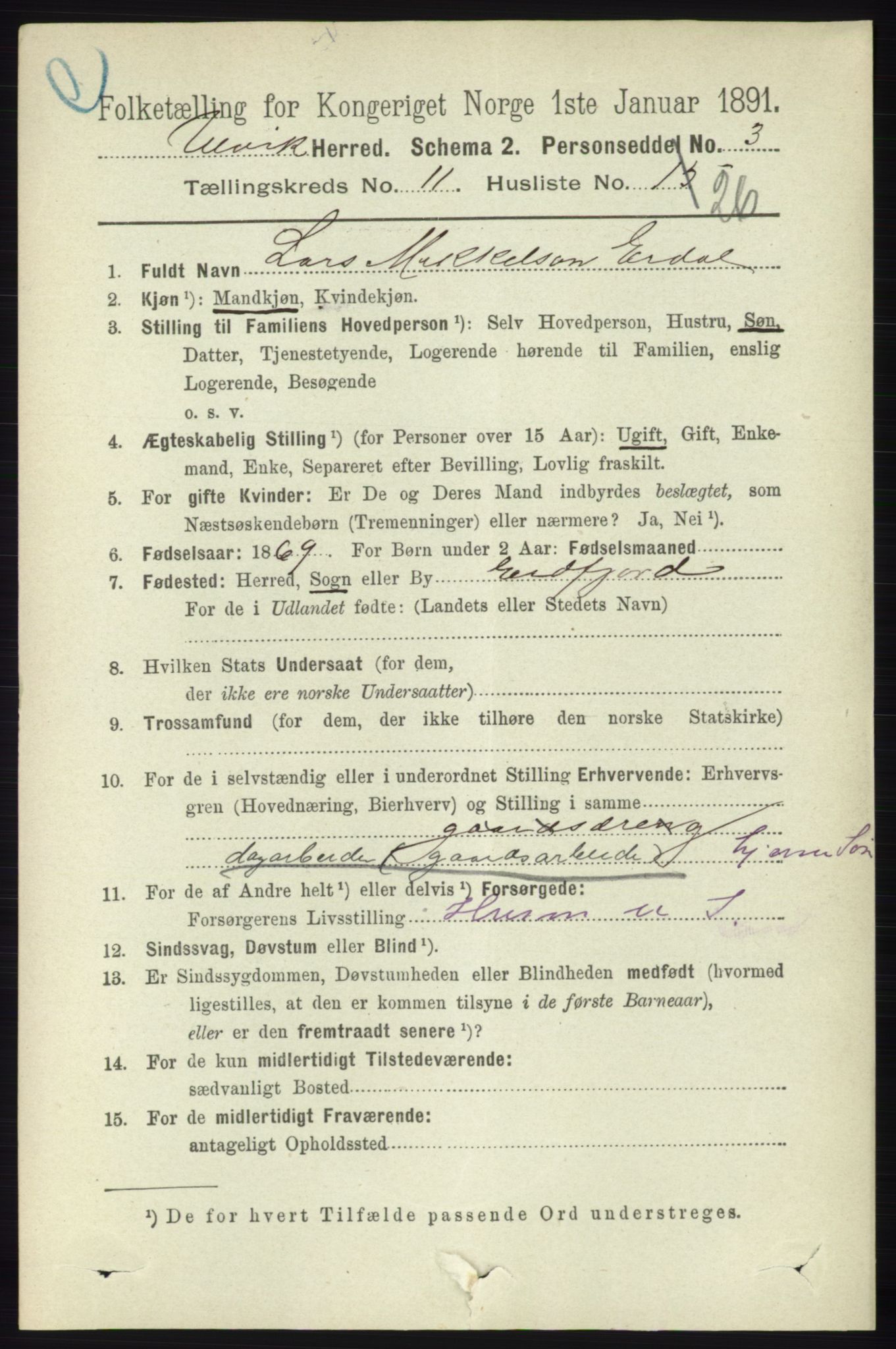 RA, 1891 census for 1233 Ulvik, 1891, p. 3600