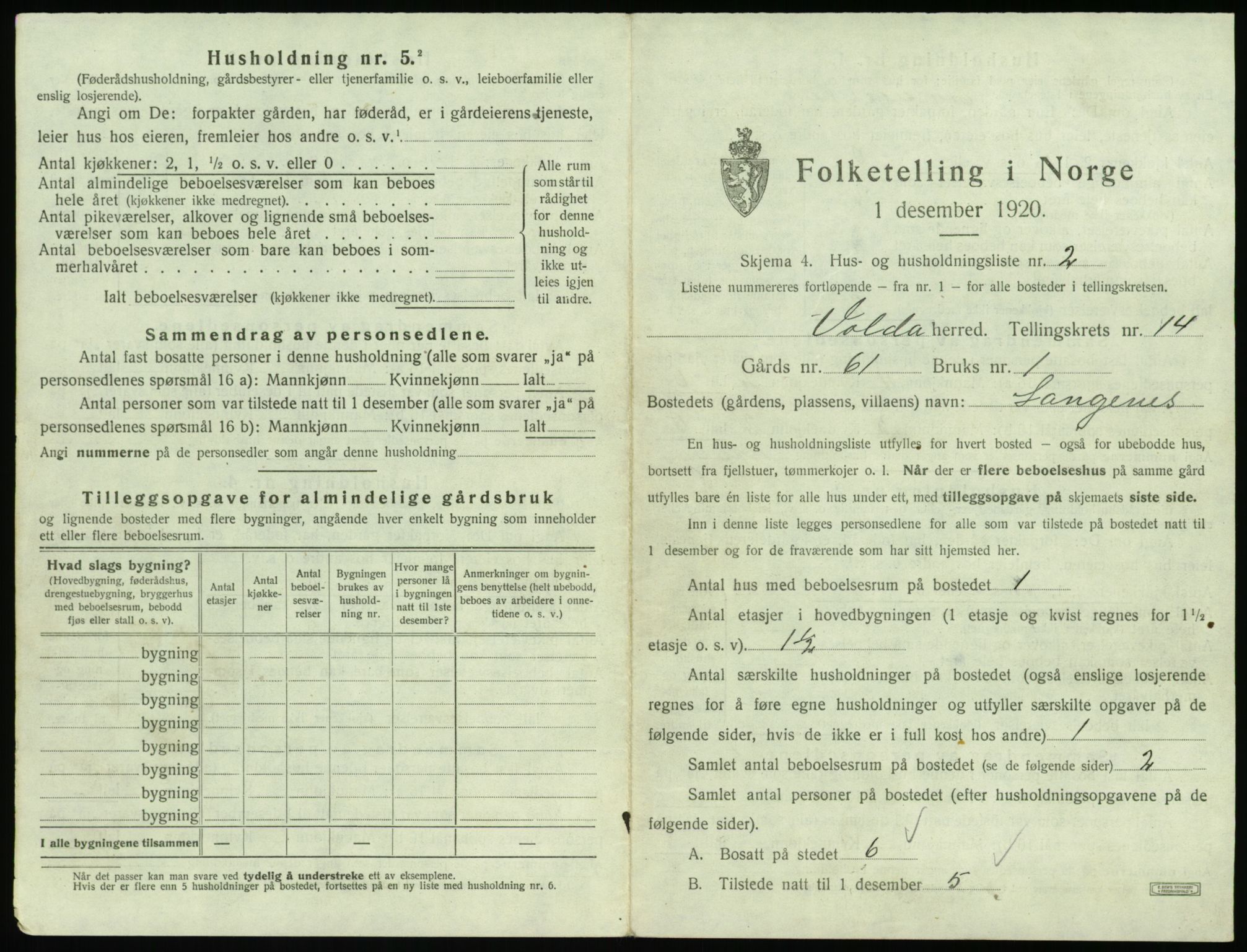 SAT, 1920 census for Volda, 1920, p. 1100