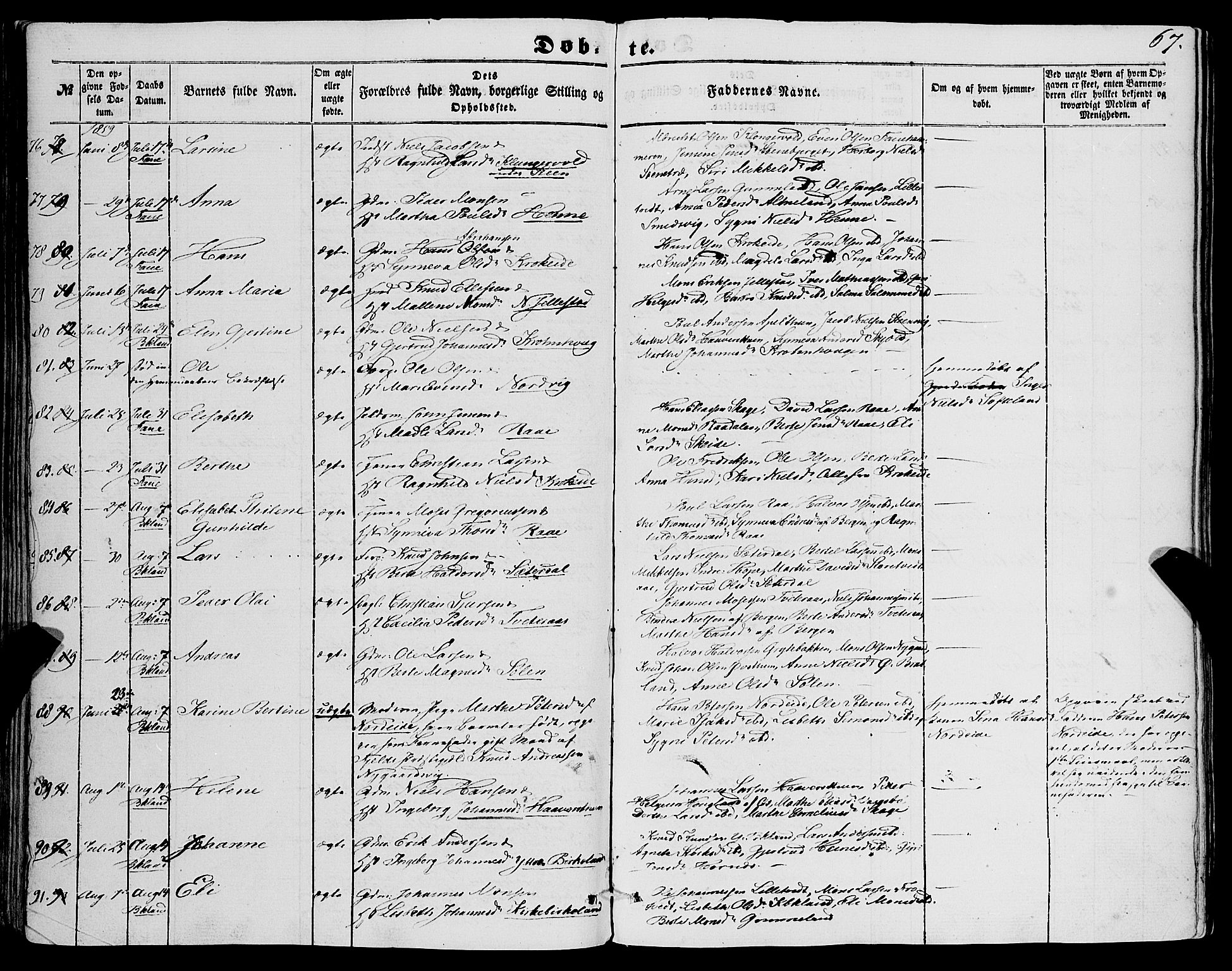 Fana Sokneprestembete, AV/SAB-A-75101/H/Haa/Haaa/L0011: Parish register (official) no. A 11, 1851-1862, p. 67