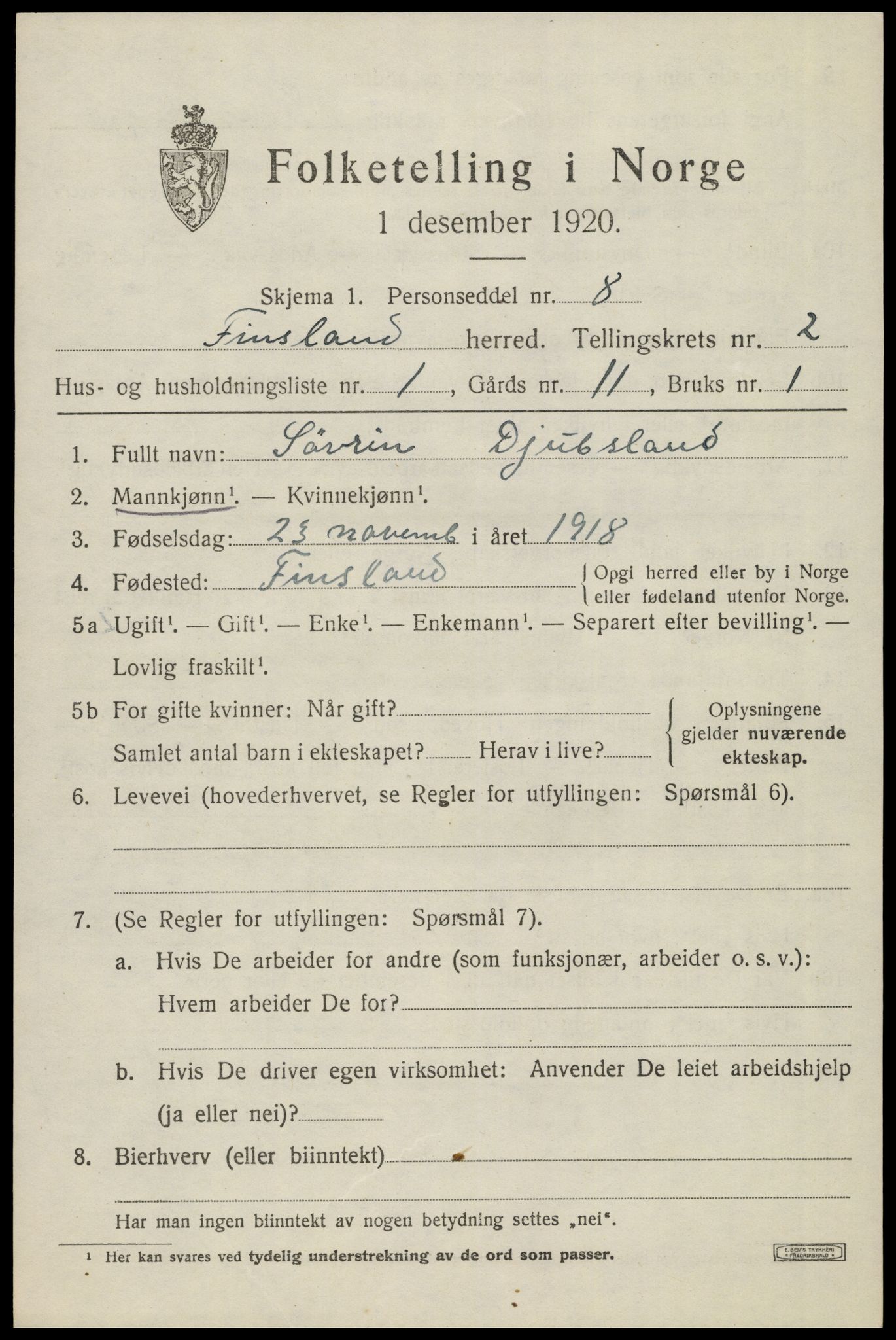 SAK, 1920 census for Finsland, 1920, p. 742