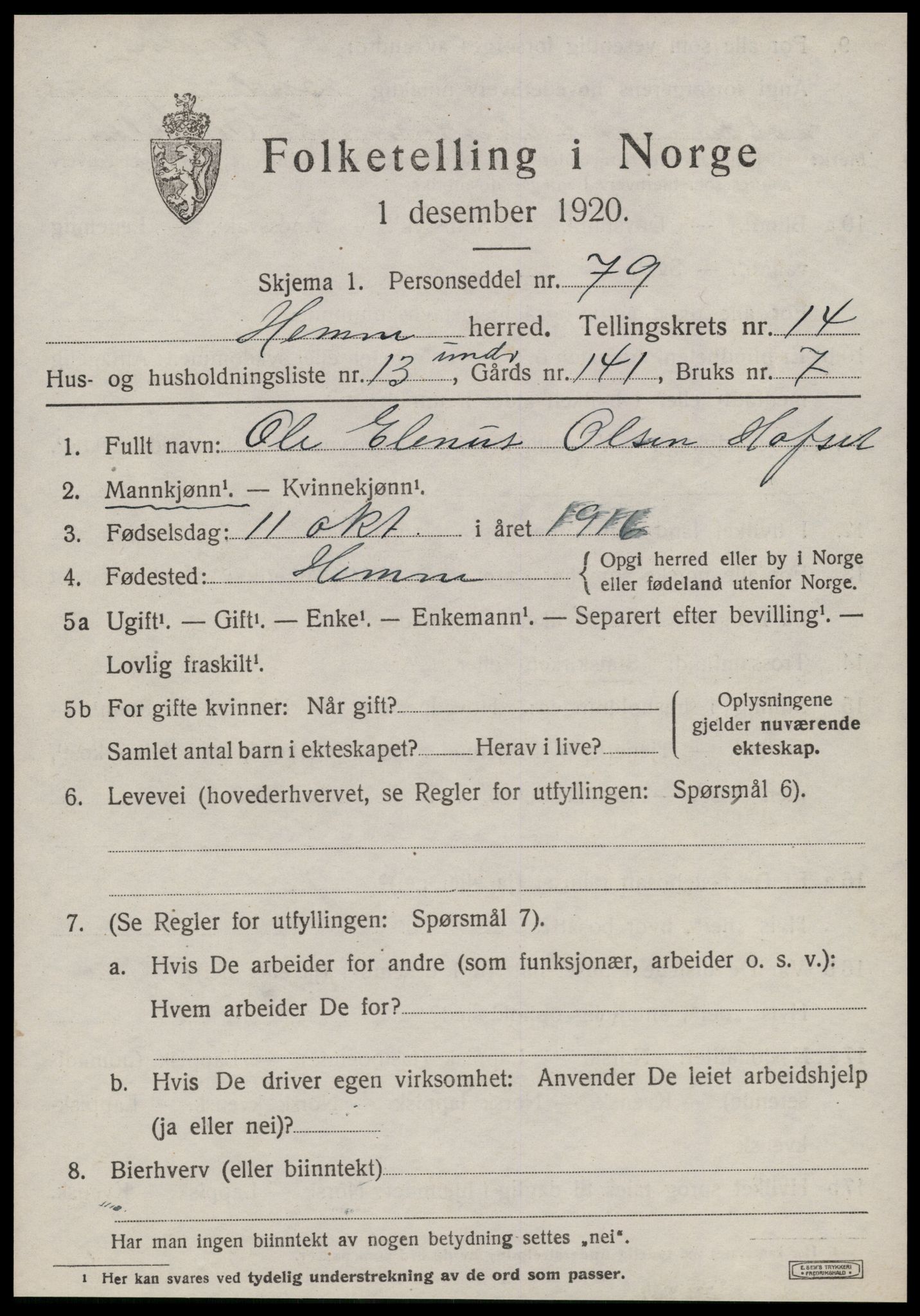 SAT, 1920 census for Hemne, 1920, p. 8088