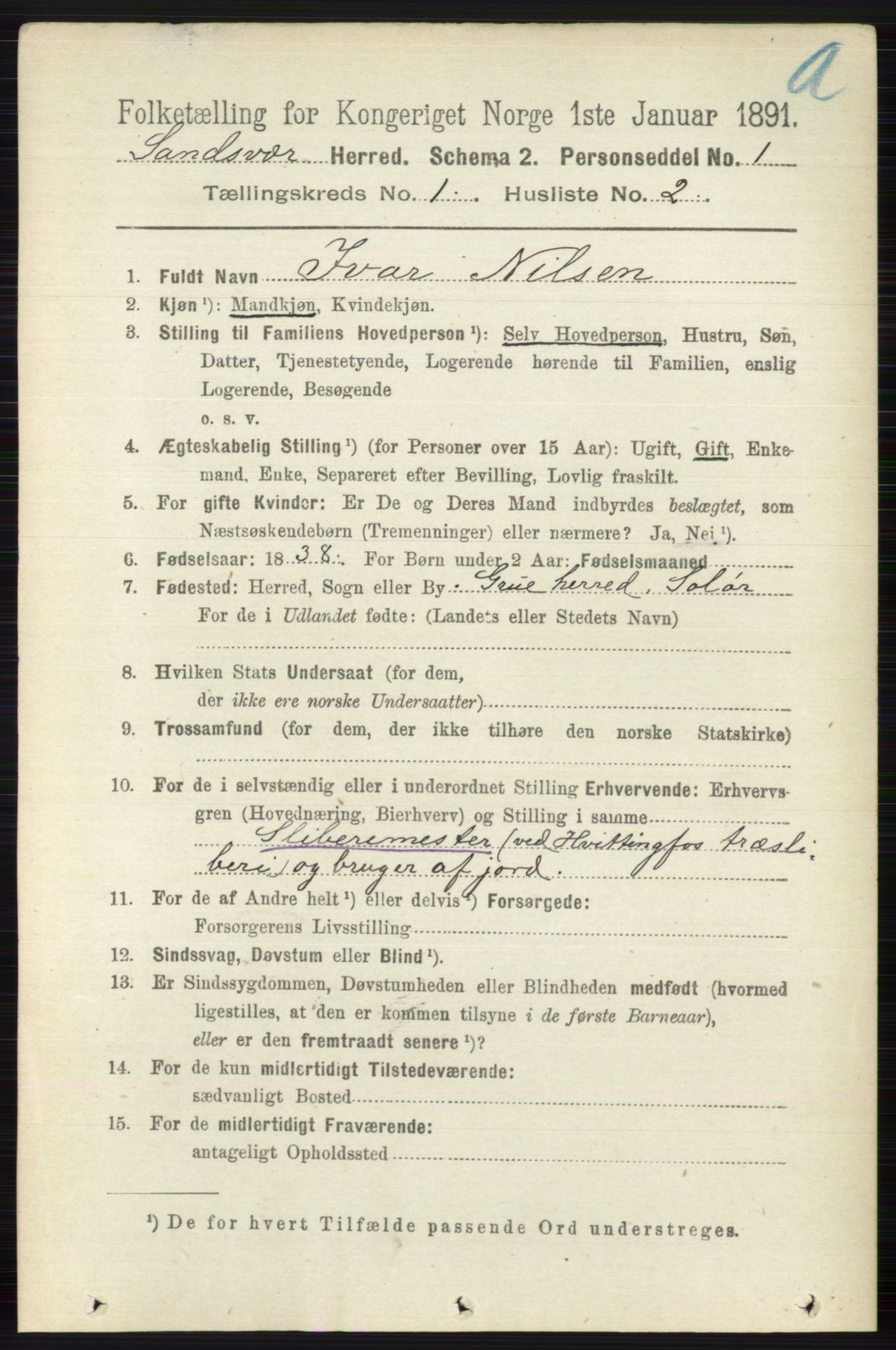 RA, 1891 census for 0629 Sandsvær, 1891, p. 125