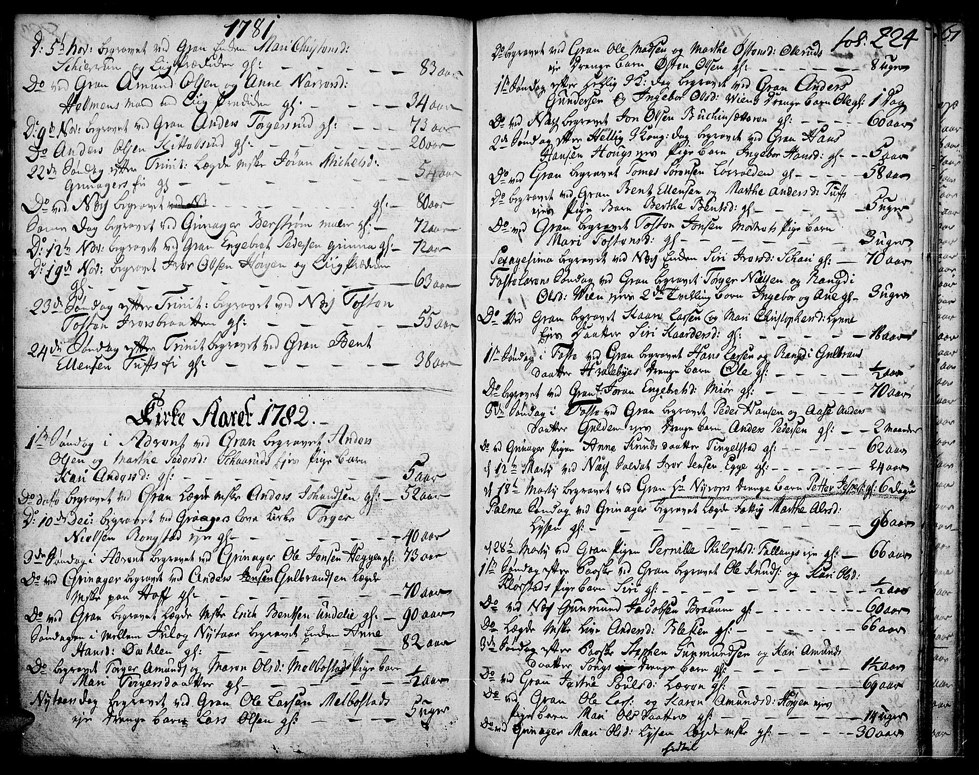 Gran prestekontor, SAH/PREST-112/H/Ha/Haa/L0005: Parish register (official) no. 5, 1776-1788, p. 224