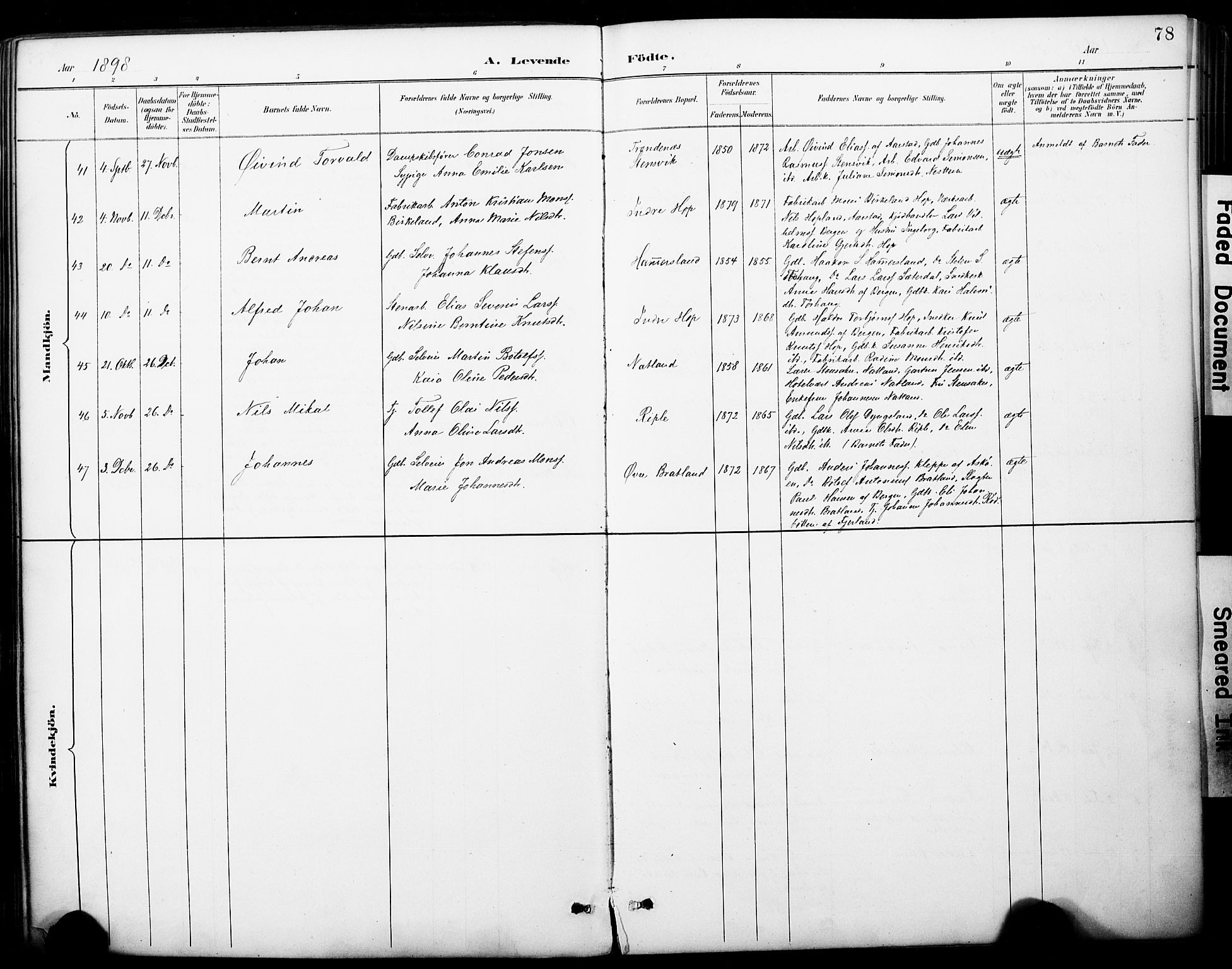 Fana Sokneprestembete, AV/SAB-A-75101/H/Haa/Haai/L0002: Parish register (official) no. I 2, 1888-1899, p. 78