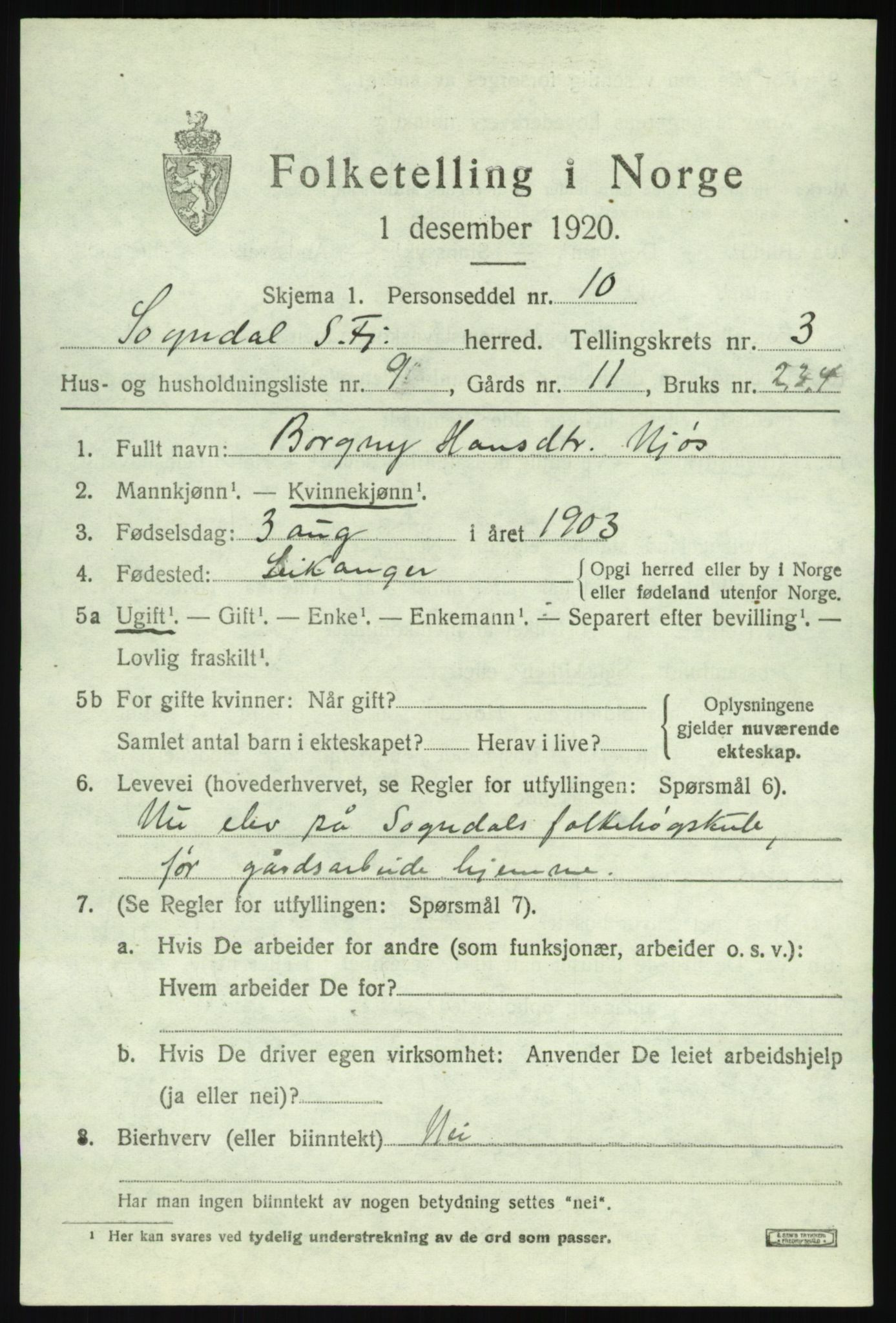 SAB, 1920 census for Sogndal, 1920, p. 2219