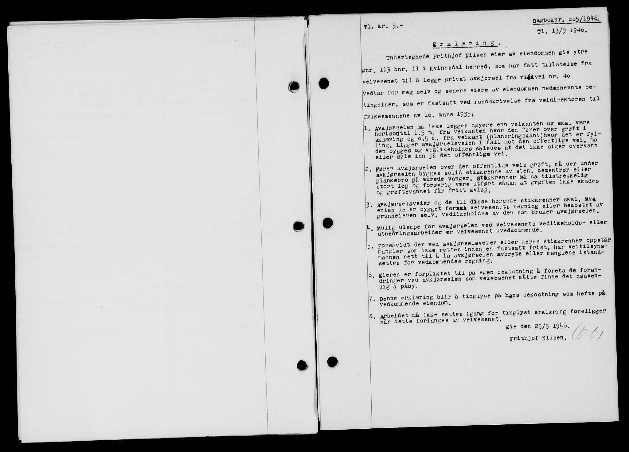 Flekkefjord sorenskriveri, AV/SAK-1221-0001/G/Gb/Gba/L0060: Mortgage book no. A-8, 1945-1946, Diary no: : 665/1946