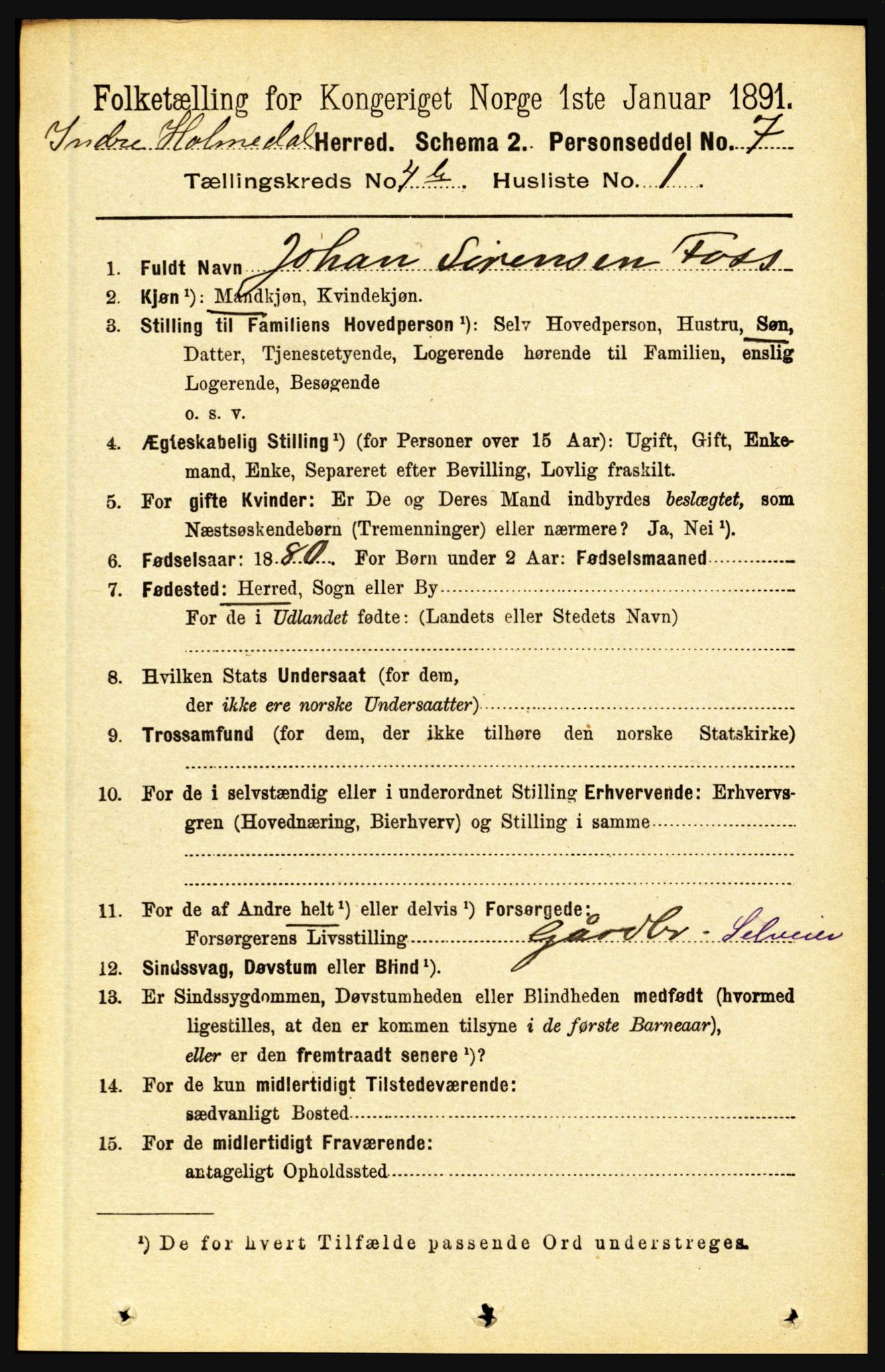 RA, 1891 census for 1430 Indre Holmedal, 1891, p. 1458