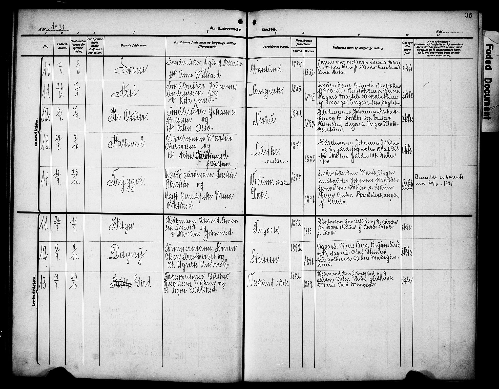 Øyer prestekontor, AV/SAH-PREST-084/H/Ha/Hab/L0007: Parish register (copy) no. 7, 1913-1928, p. 35