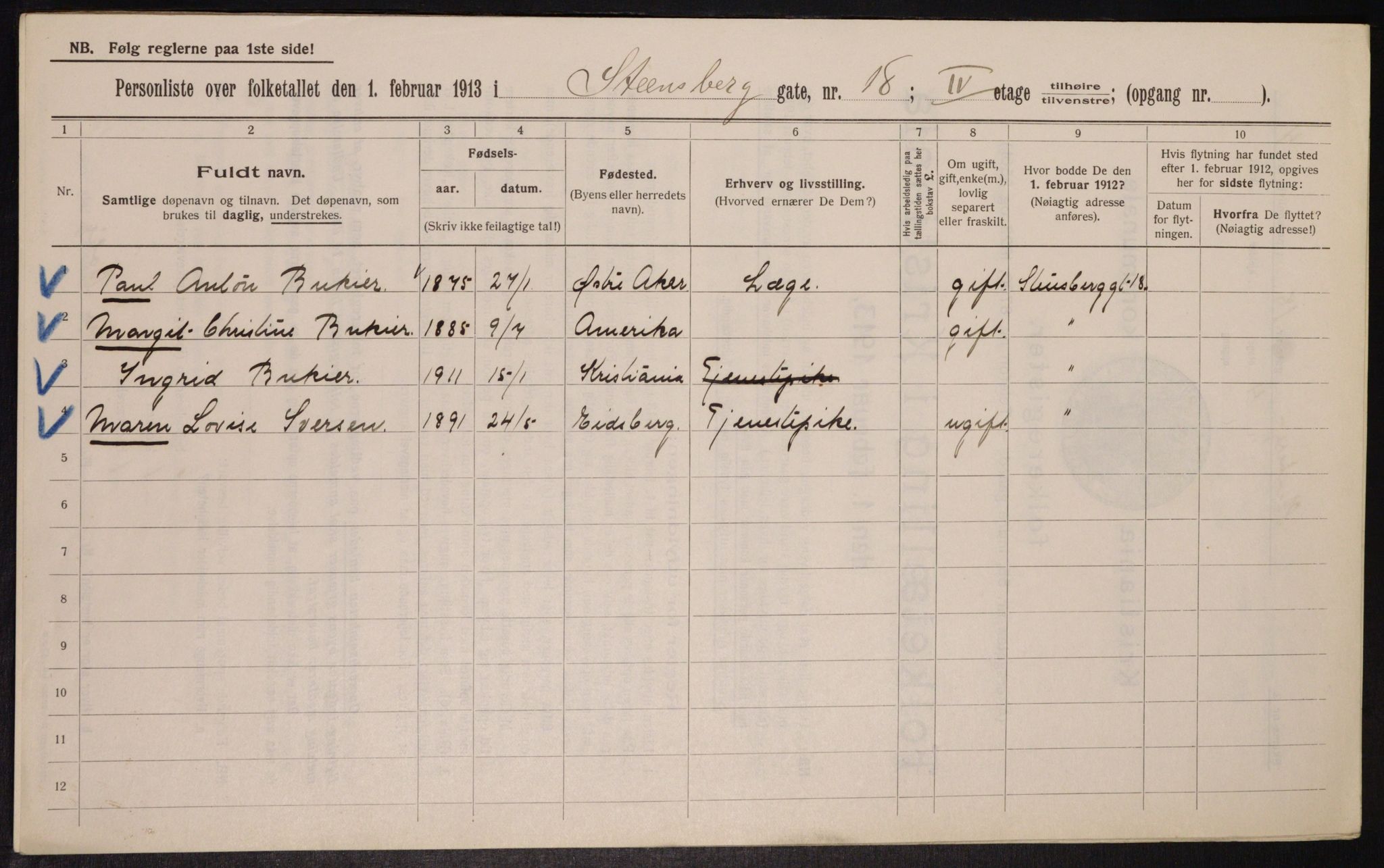 OBA, Municipal Census 1913 for Kristiania, 1913, p. 101629