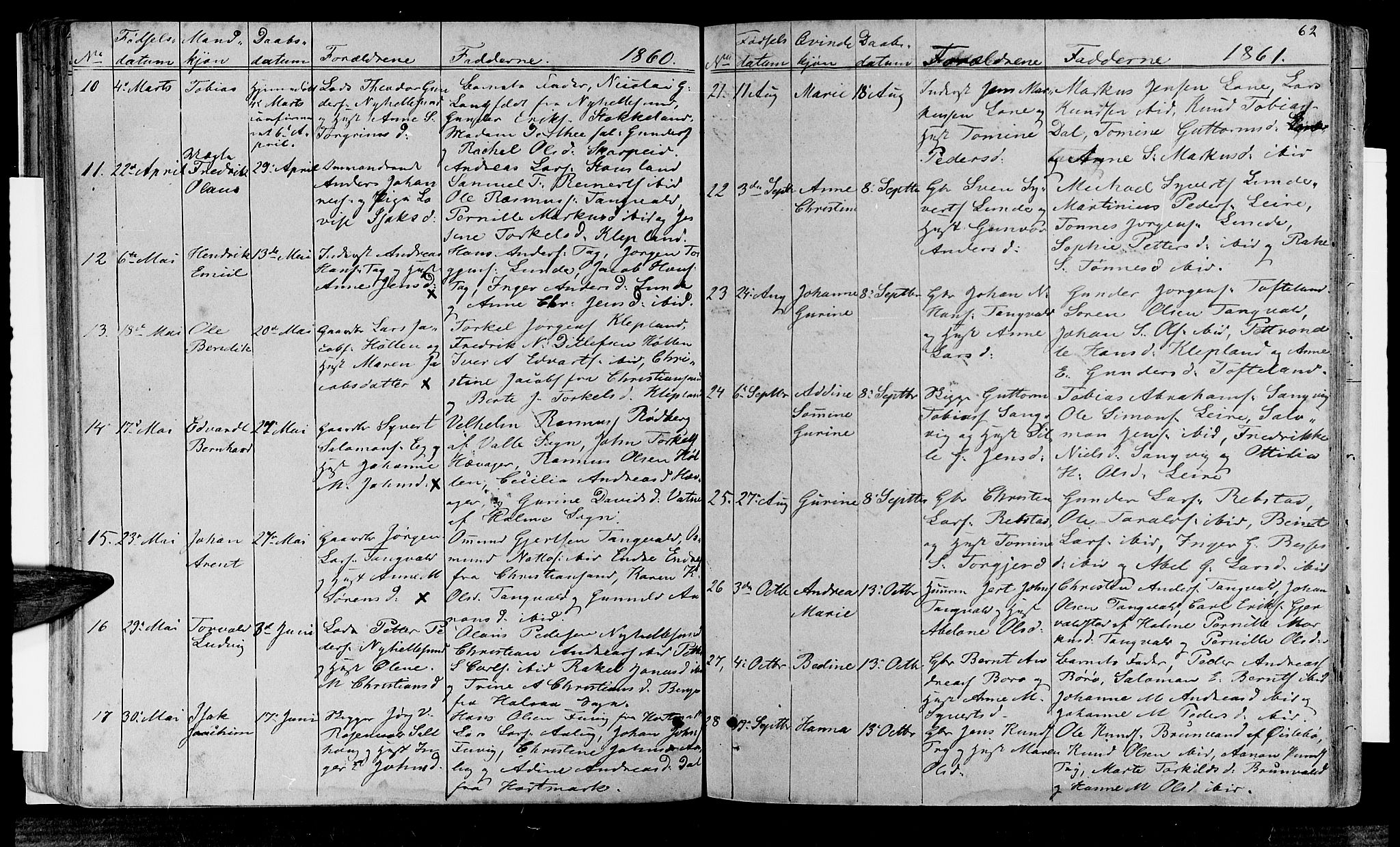 Søgne sokneprestkontor, SAK/1111-0037/F/Fb/Fbb/L0003: Parish register (copy) no. B 3, 1848-1864, p. 62