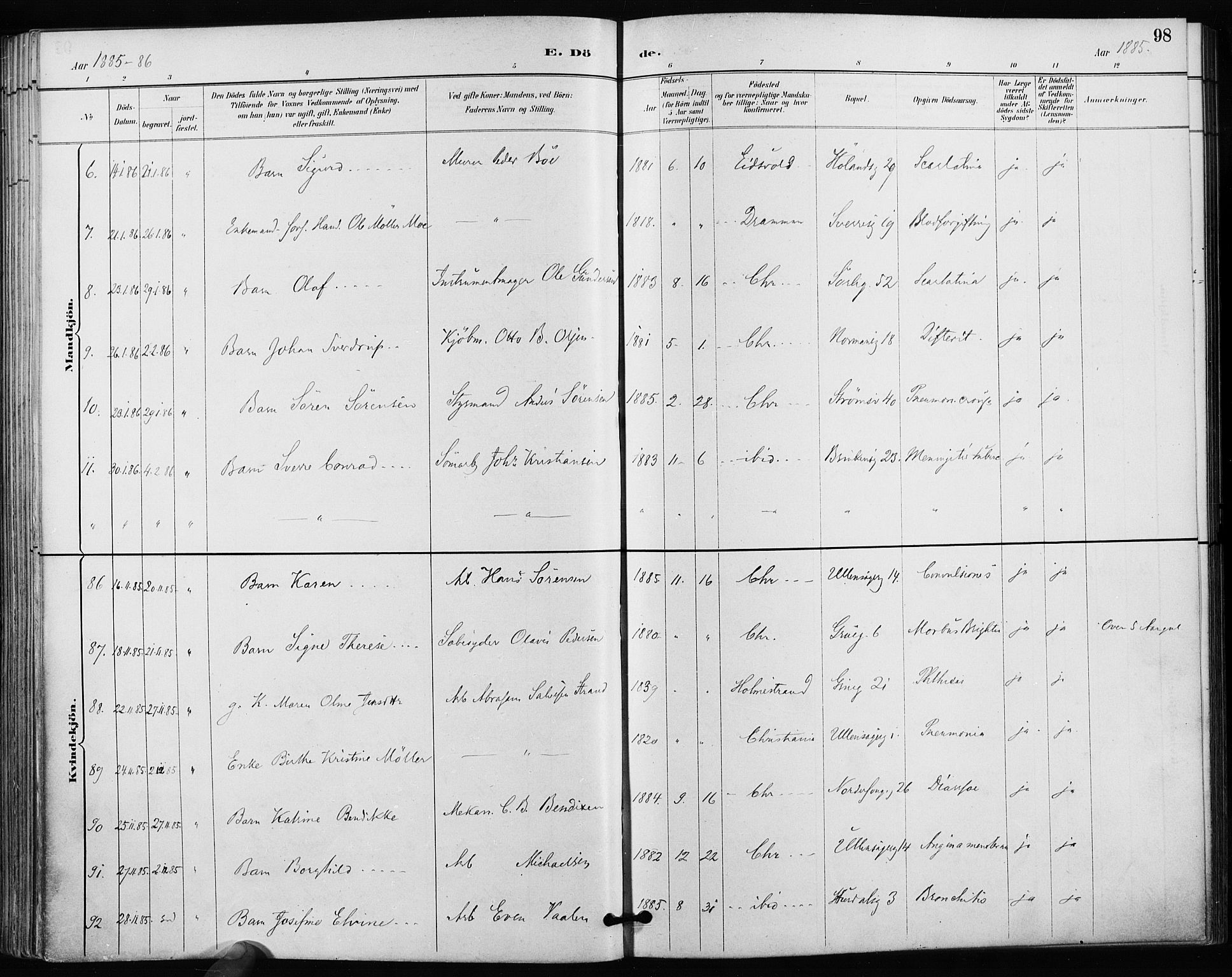 Kampen prestekontor Kirkebøker, SAO/A-10853/F/Fa/L0004: Parish register (official) no. I 4, 1885-1892, p. 98