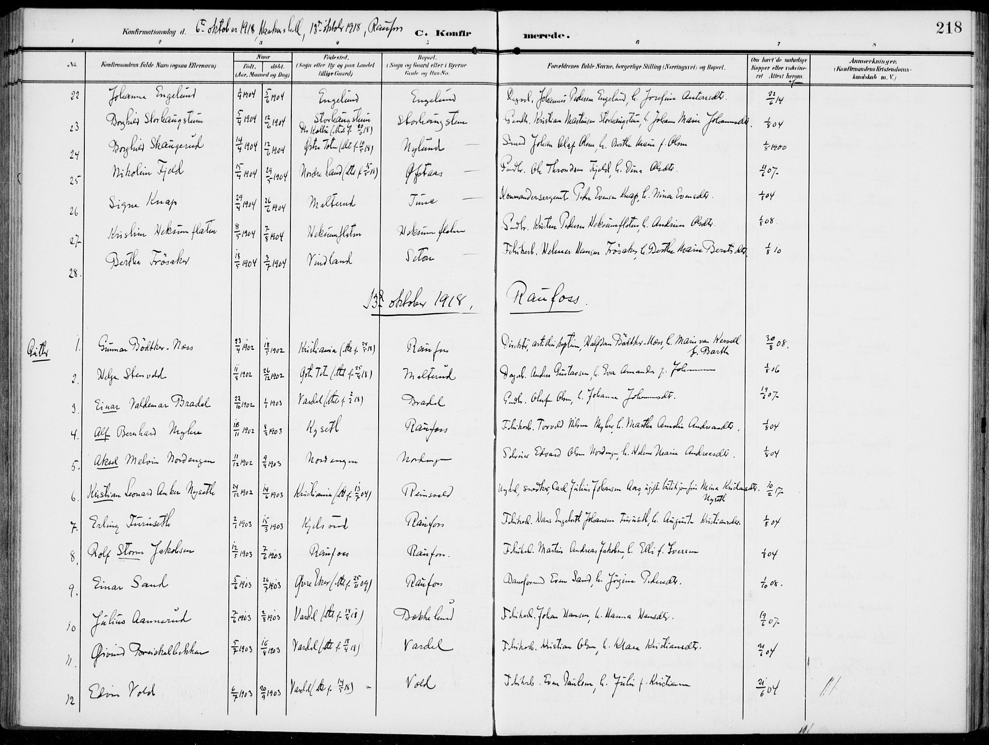 Vestre Toten prestekontor, AV/SAH-PREST-108/H/Ha/Haa/L0014: Parish register (official) no. 14, 1907-1920, p. 218