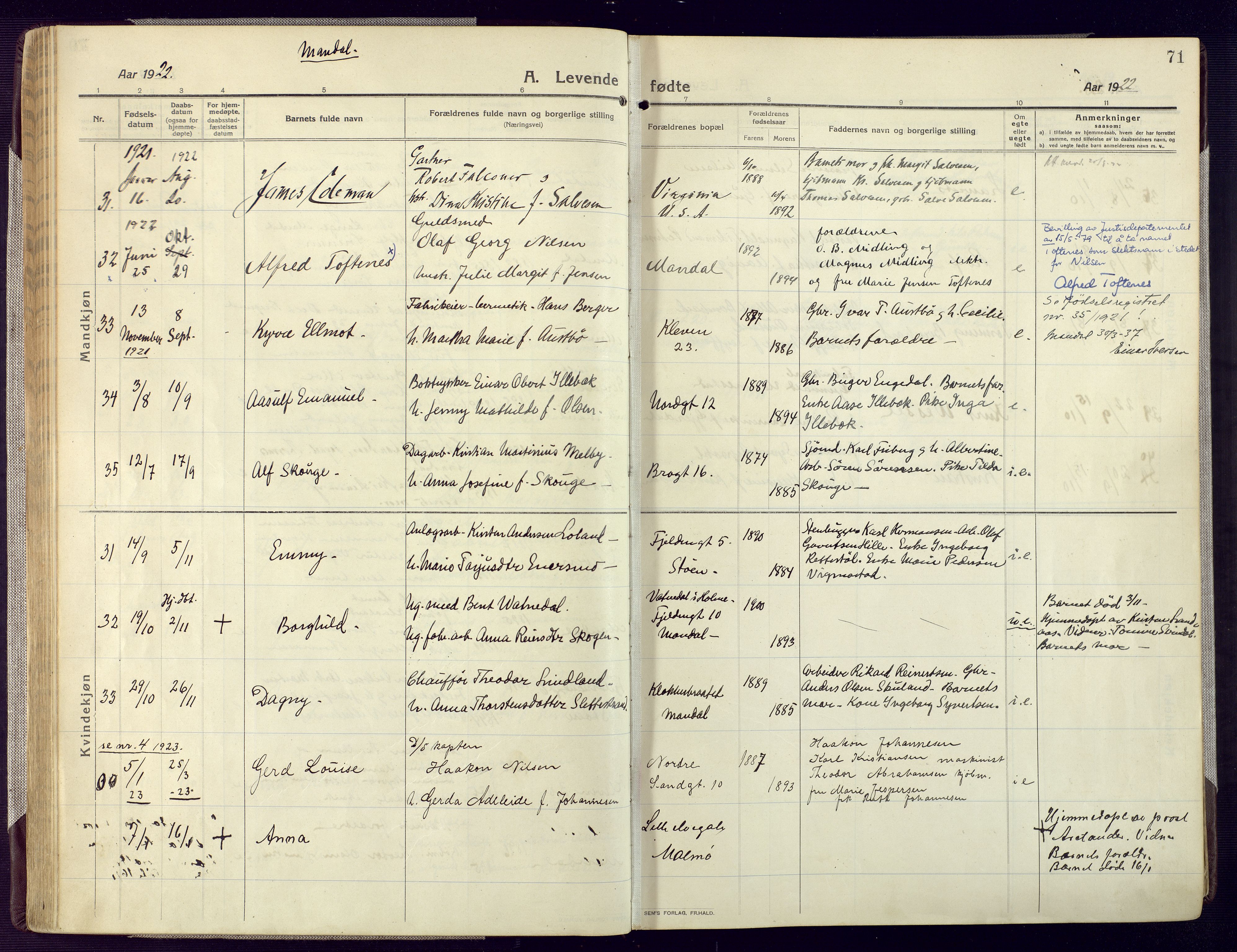 Mandal sokneprestkontor, SAK/1111-0030/F/Fa/Fac/L0001: Parish register (official) no. A 1, 1913-1925, p. 71