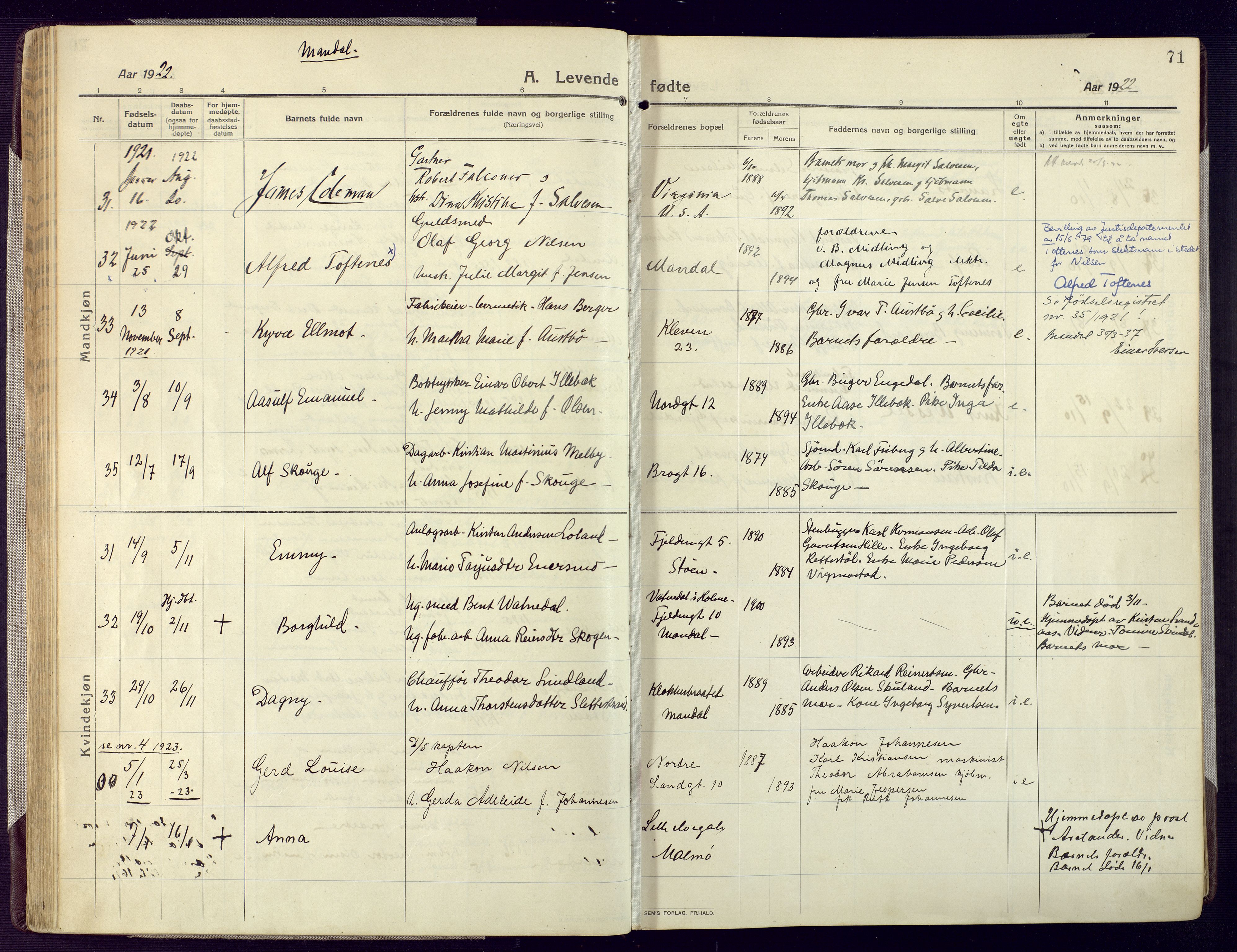 Mandal sokneprestkontor, AV/SAK-1111-0030/F/Fa/Fac/L0001: Parish register (official) no. A 1, 1913-1925, p. 71