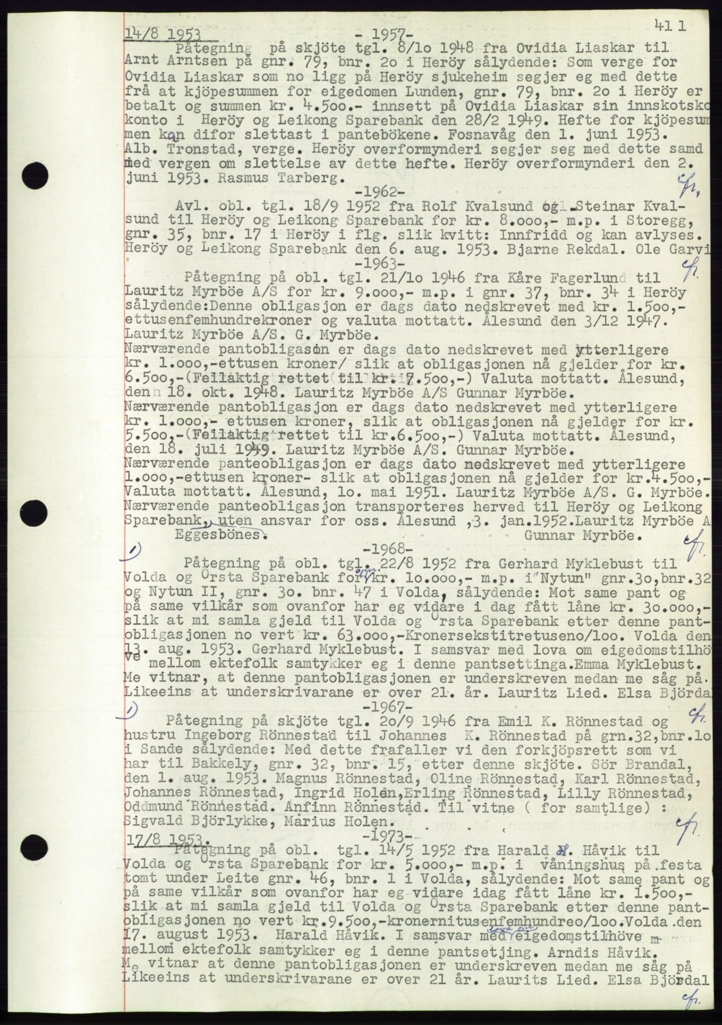 Søre Sunnmøre sorenskriveri, AV/SAT-A-4122/1/2/2C/L0072: Mortgage book no. 66, 1941-1955, Diary no: : 1957/1953