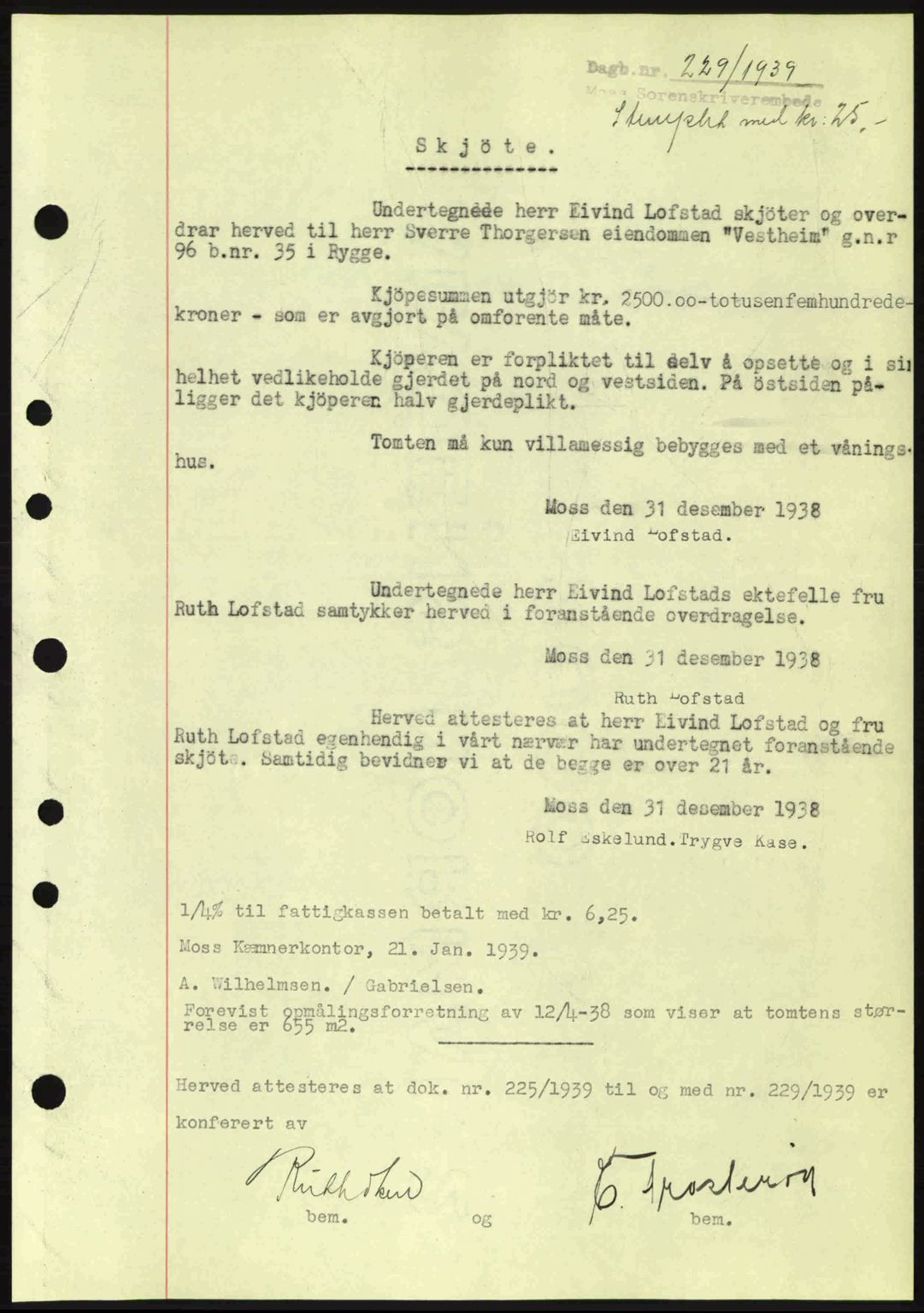 Moss sorenskriveri, SAO/A-10168: Mortgage book no. A5, 1938-1939, Diary no: : 229/1939