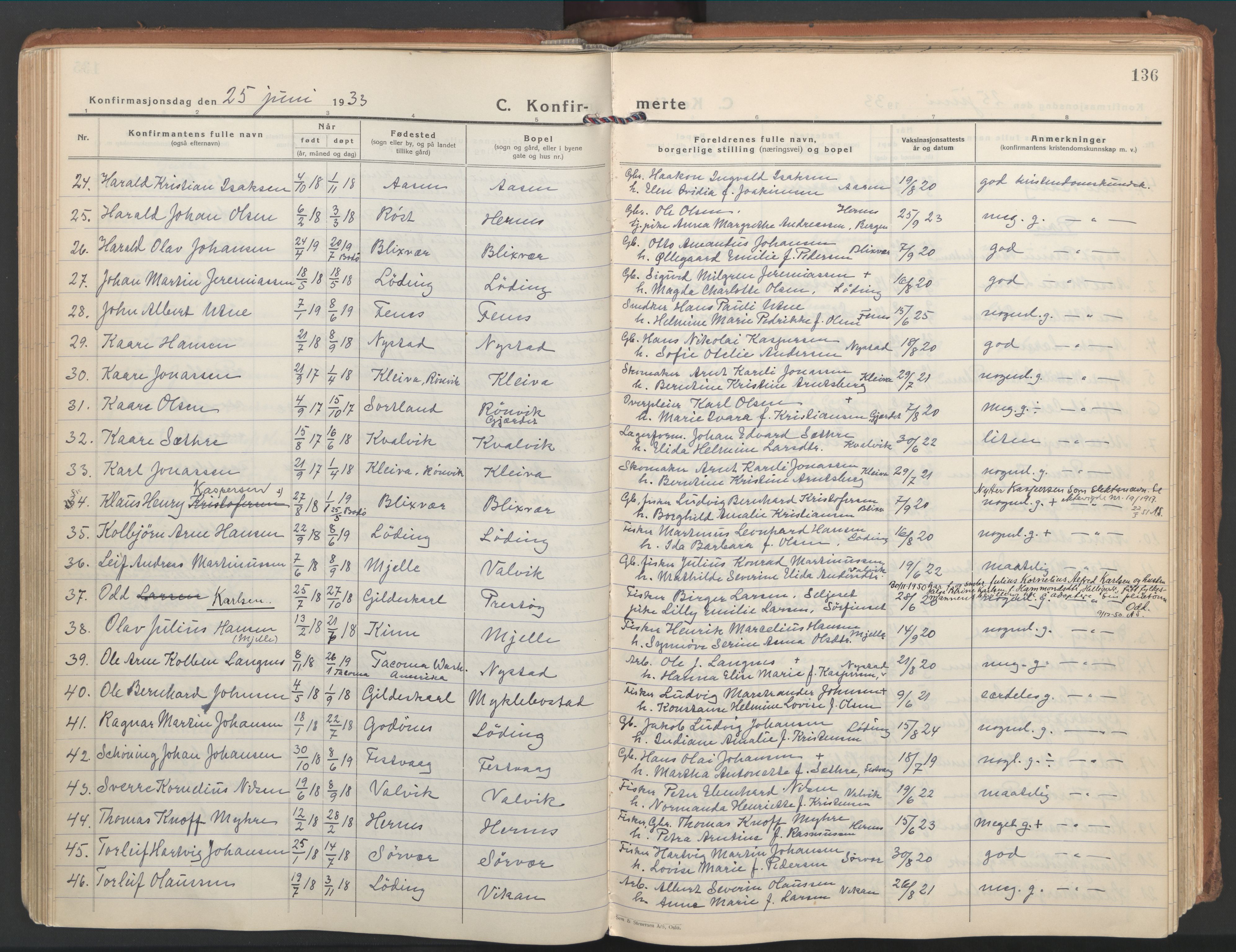 Ministerialprotokoller, klokkerbøker og fødselsregistre - Nordland, SAT/A-1459/802/L0061: Parish register (official) no. 802A08, 1933-1946, p. 136