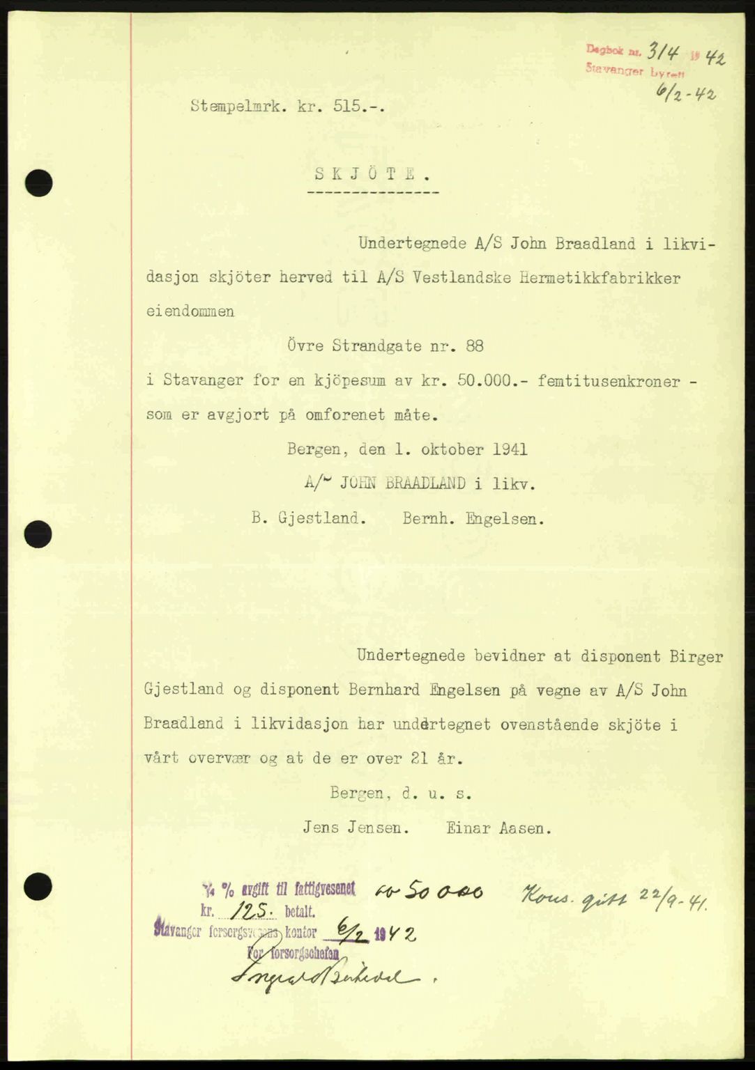 Stavanger byrett, SAST/A-100455/002/G/Gb/L0017: Mortgage book no. A7, 1941-1943, Diary no: : 314/1942