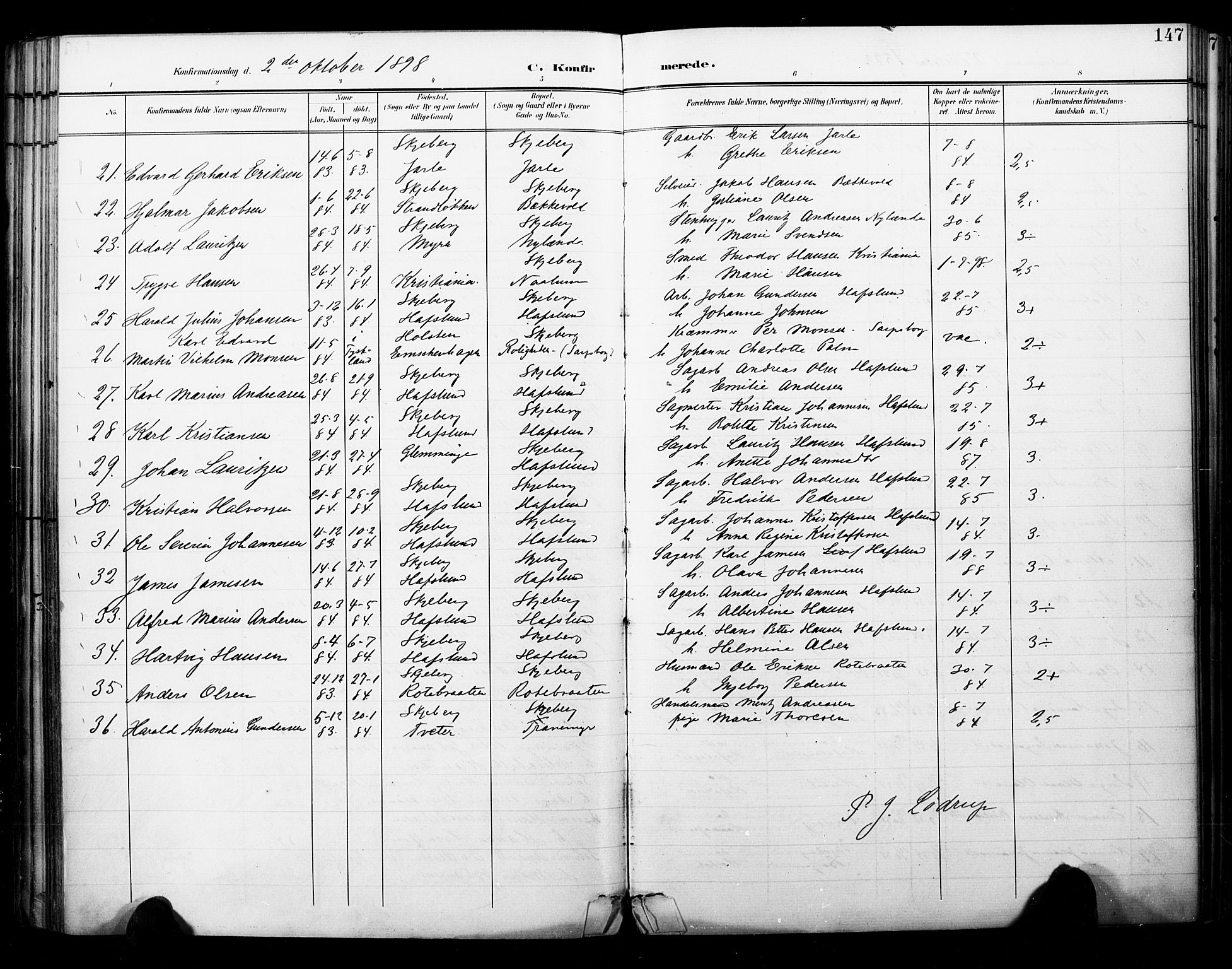 Skjeberg prestekontor Kirkebøker, AV/SAO-A-10923/F/Fa/L0010: Parish register (official) no. I 10, 1898-1911, p. 147