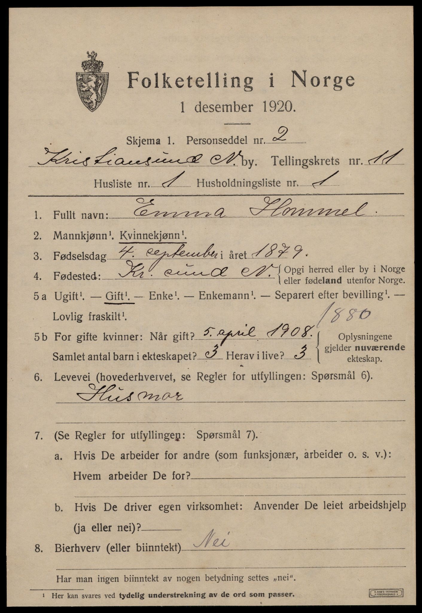 SAT, 1920 census for Kristiansund, 1920, p. 23903