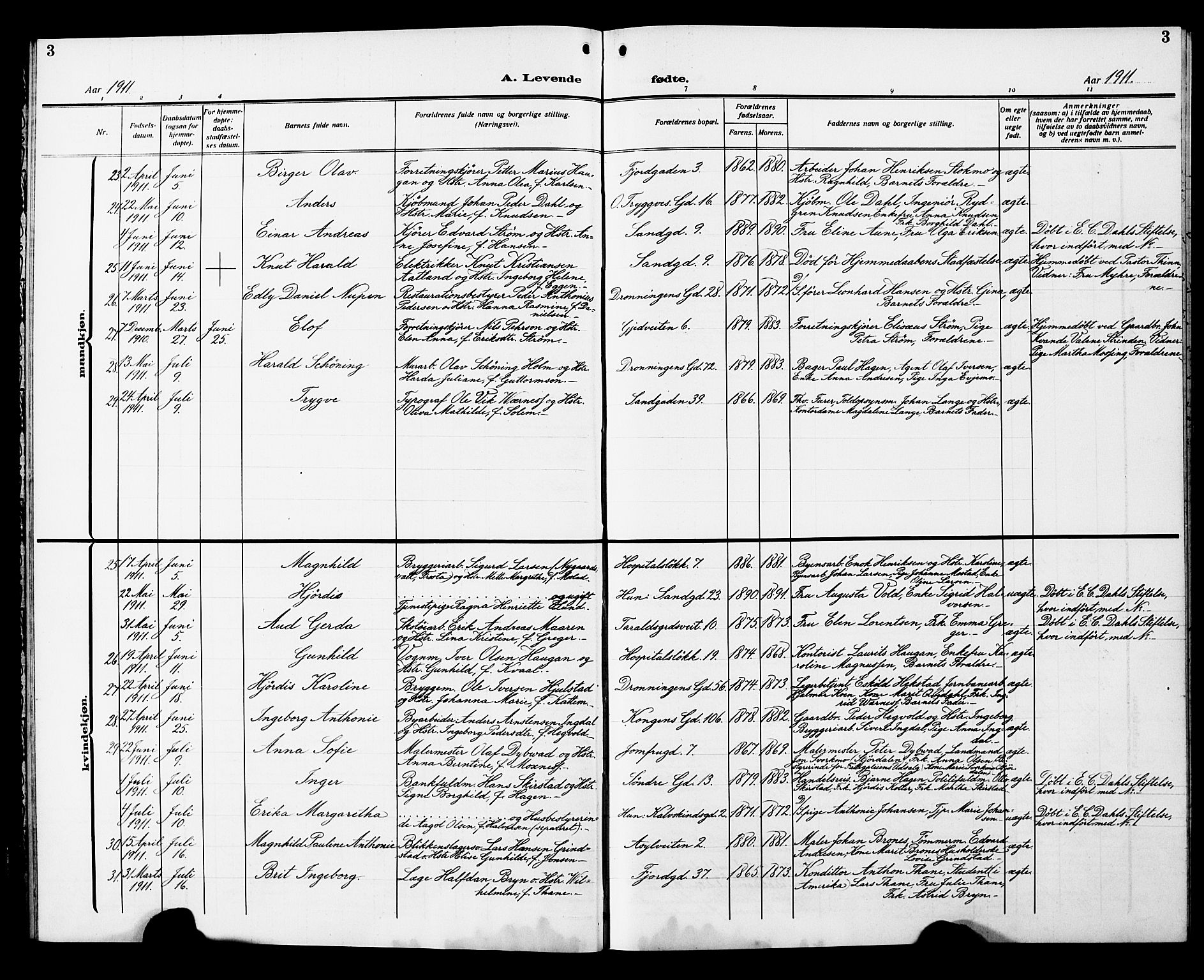 Ministerialprotokoller, klokkerbøker og fødselsregistre - Sør-Trøndelag, AV/SAT-A-1456/602/L0147: Parish register (copy) no. 602C15, 1911-1924, p. 3