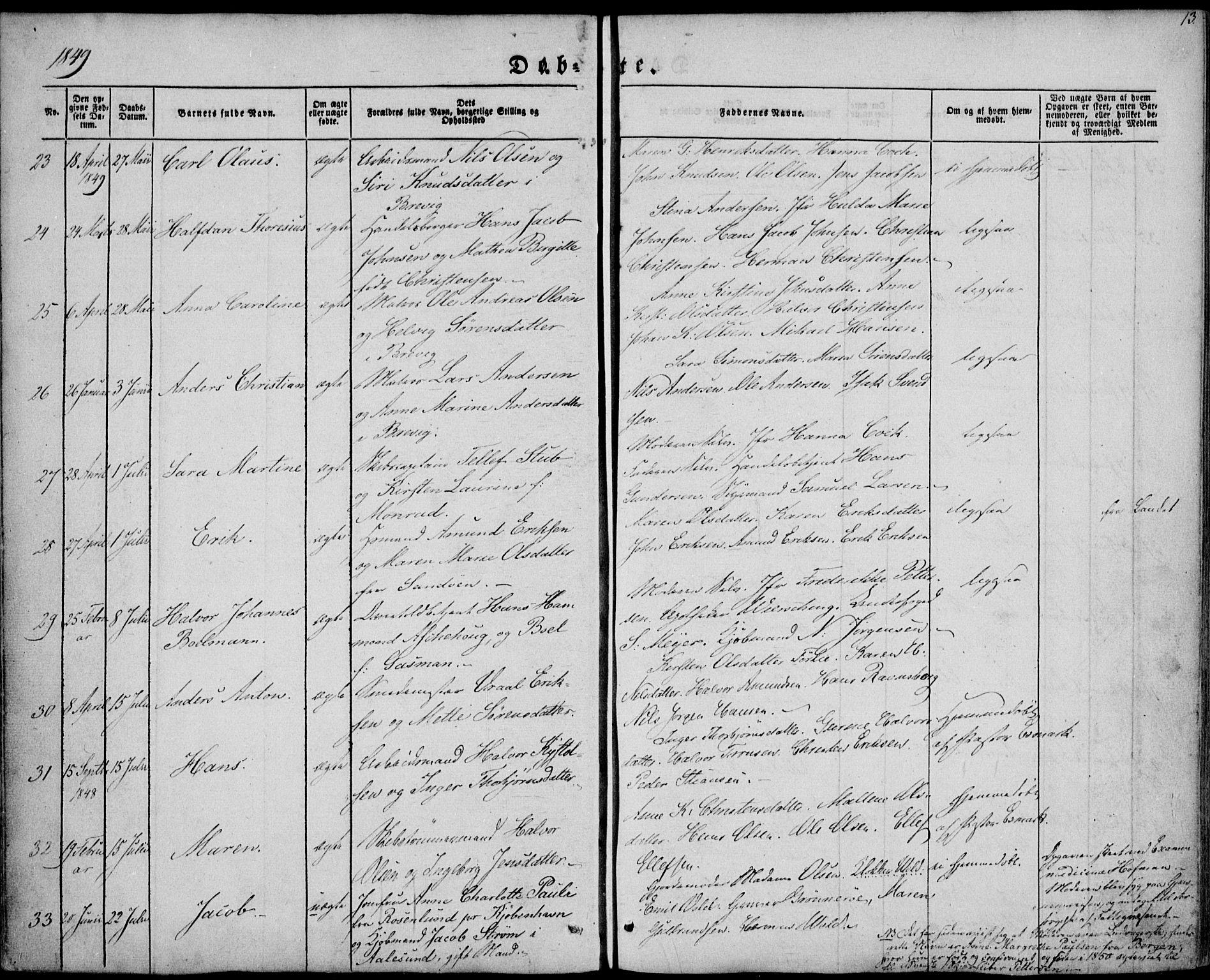 Brevik kirkebøker, AV/SAKO-A-255/F/Fa/L0005: Parish register (official) no. 5, 1847-1865, p. 13