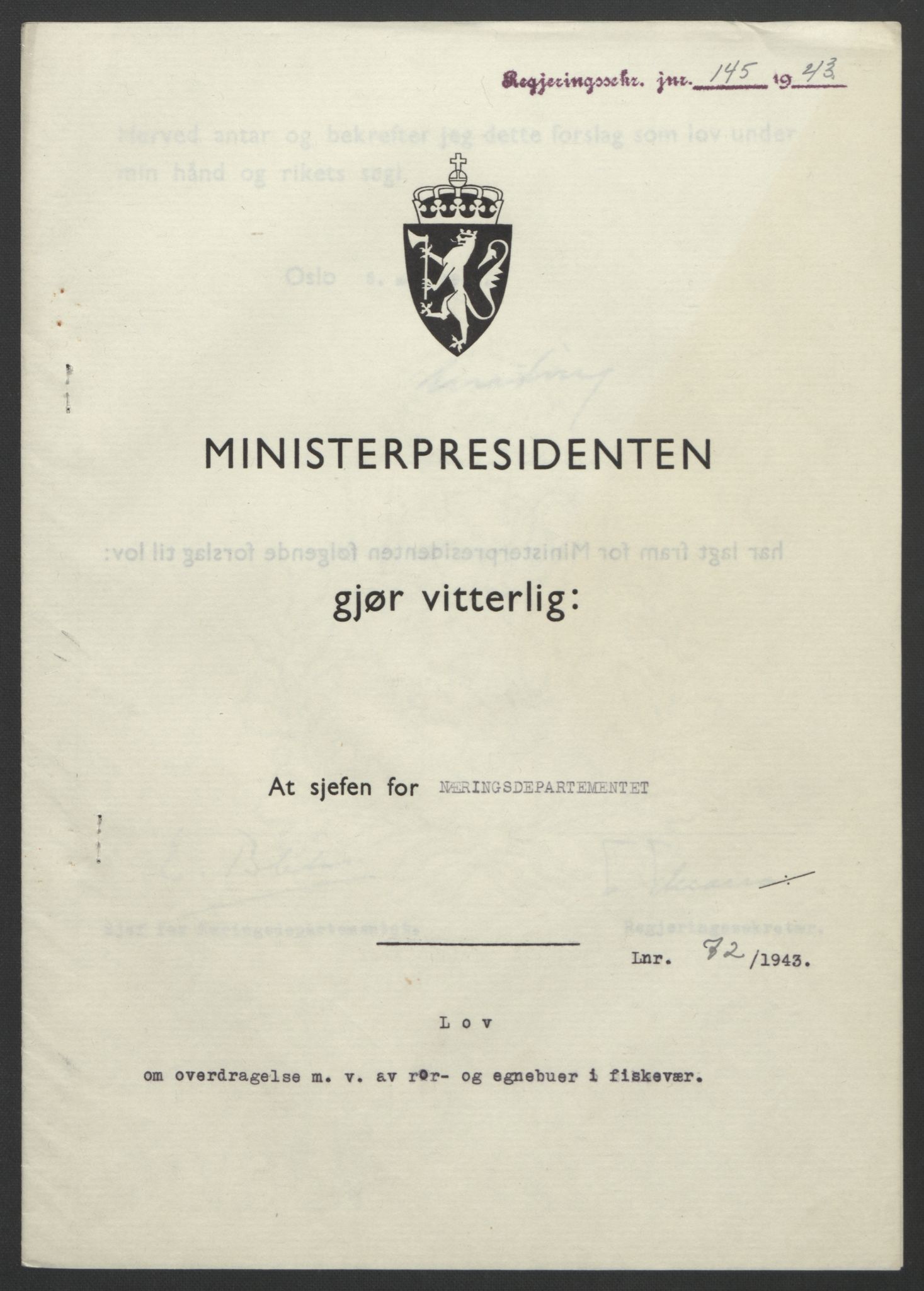 NS-administrasjonen 1940-1945 (Statsrådsekretariatet, de kommisariske statsråder mm), RA/S-4279/D/Db/L0099: Lover, 1943, p. 328