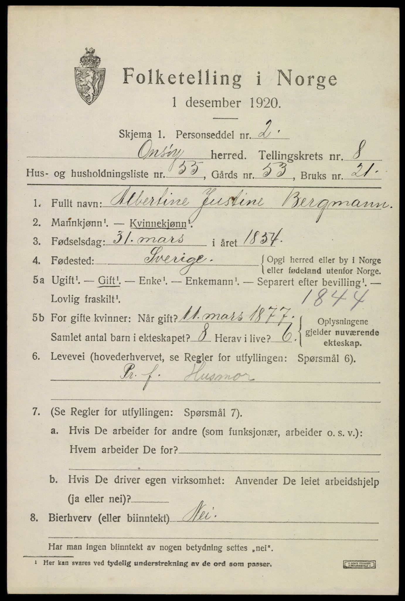 SAO, 1920 census for Onsøy, 1920, p. 12460