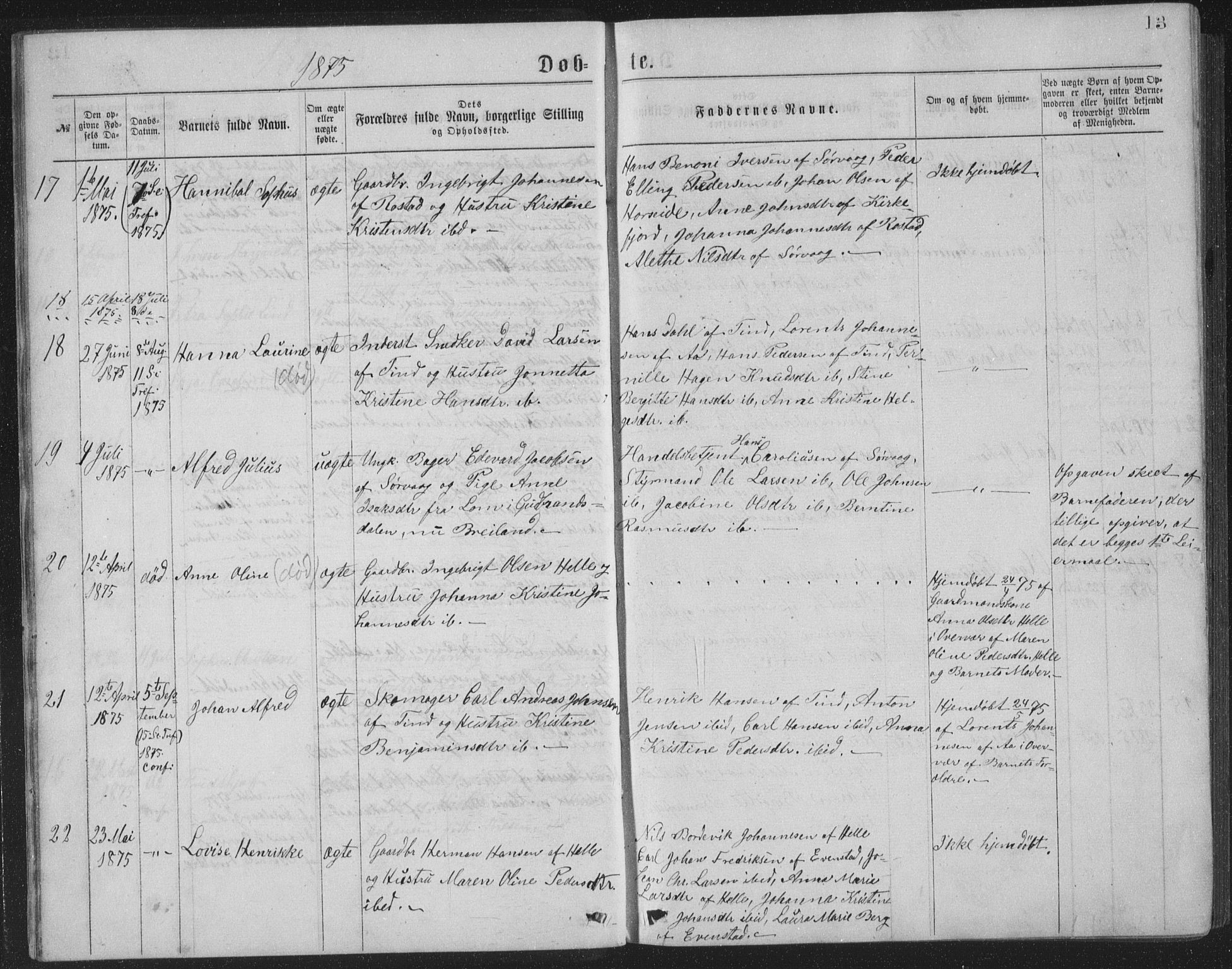 Ministerialprotokoller, klokkerbøker og fødselsregistre - Nordland, AV/SAT-A-1459/886/L1225: Parish register (copy) no. 886C02, 1874-1896, p. 13