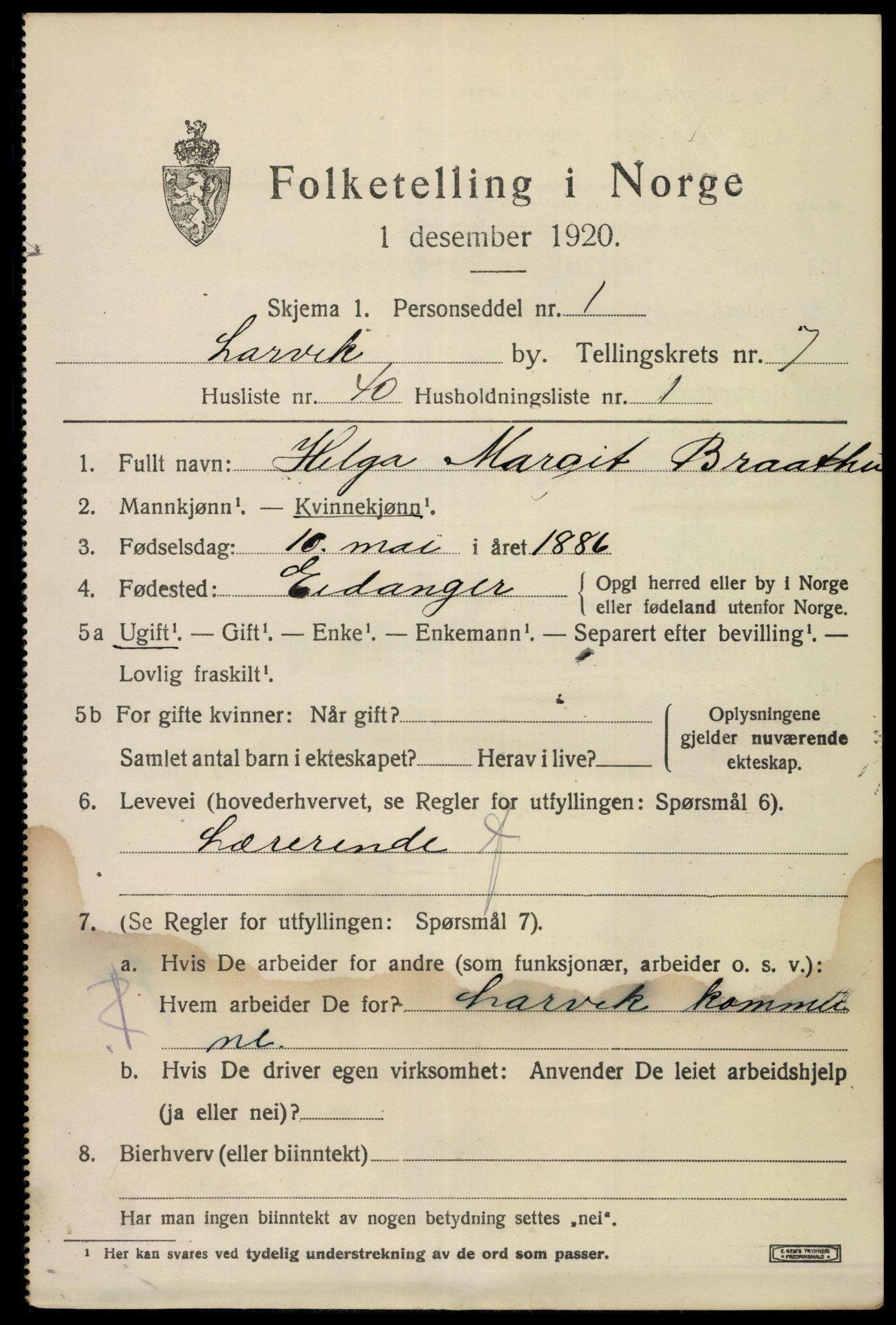 SAKO, 1920 census for Larvik, 1920, p. 21172