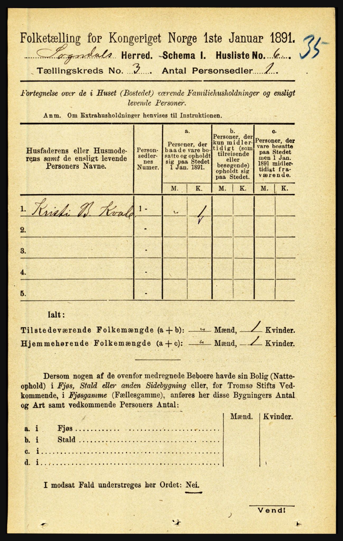 RA, 1891 census for 1420 Sogndal, 1891, p. 1424