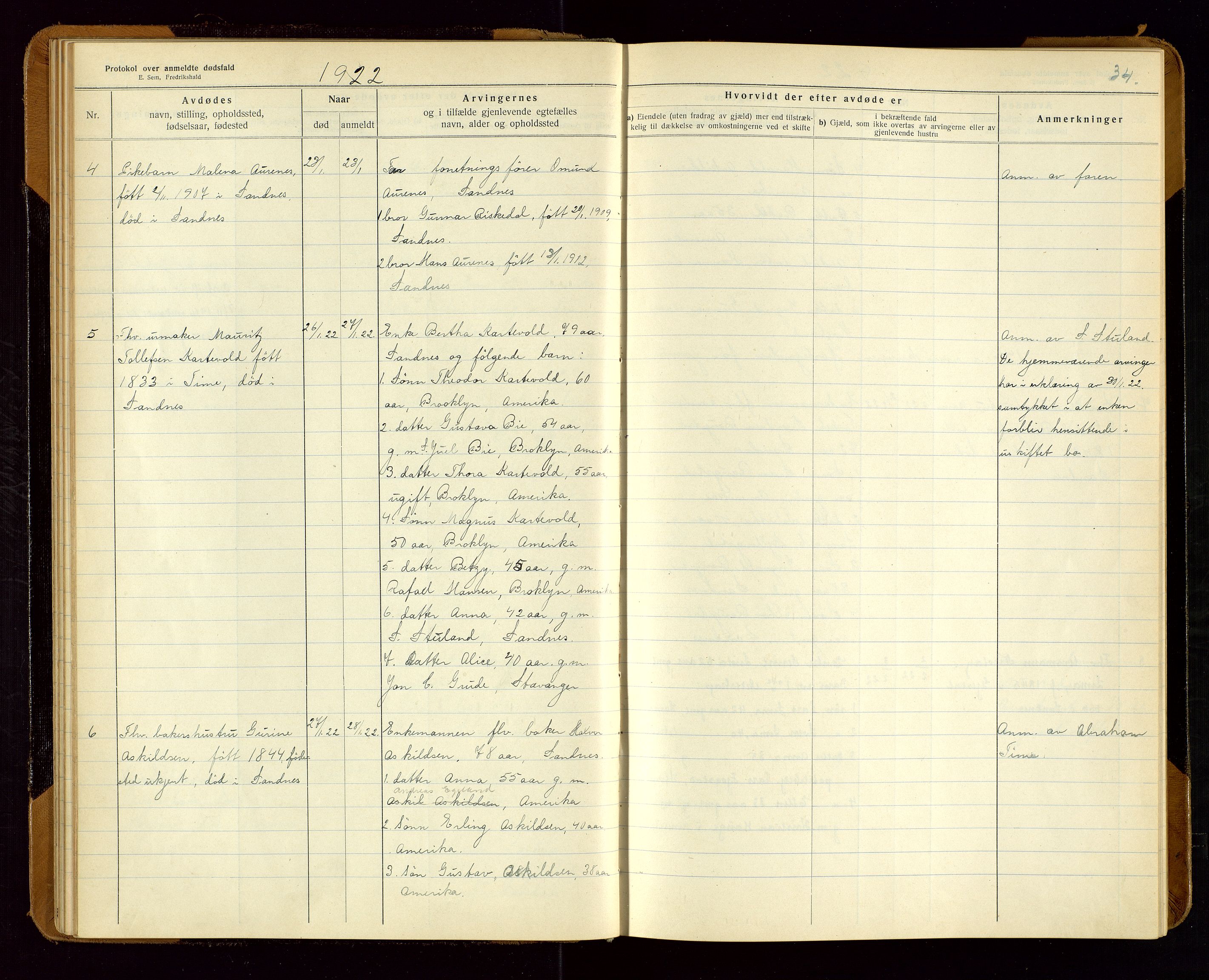 Sandnes lensmannskontor, SAST/A-100167/Gga/L0001: "Protokol over anmeldte dødsfald" m/register, 1918-1940, p. 34