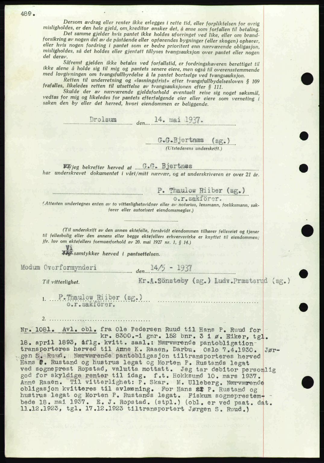 Eiker, Modum og Sigdal sorenskriveri, SAKO/A-123/G/Ga/Gab/L0035: Mortgage book no. A5, 1937-1937, Diary no: : 1081/1937