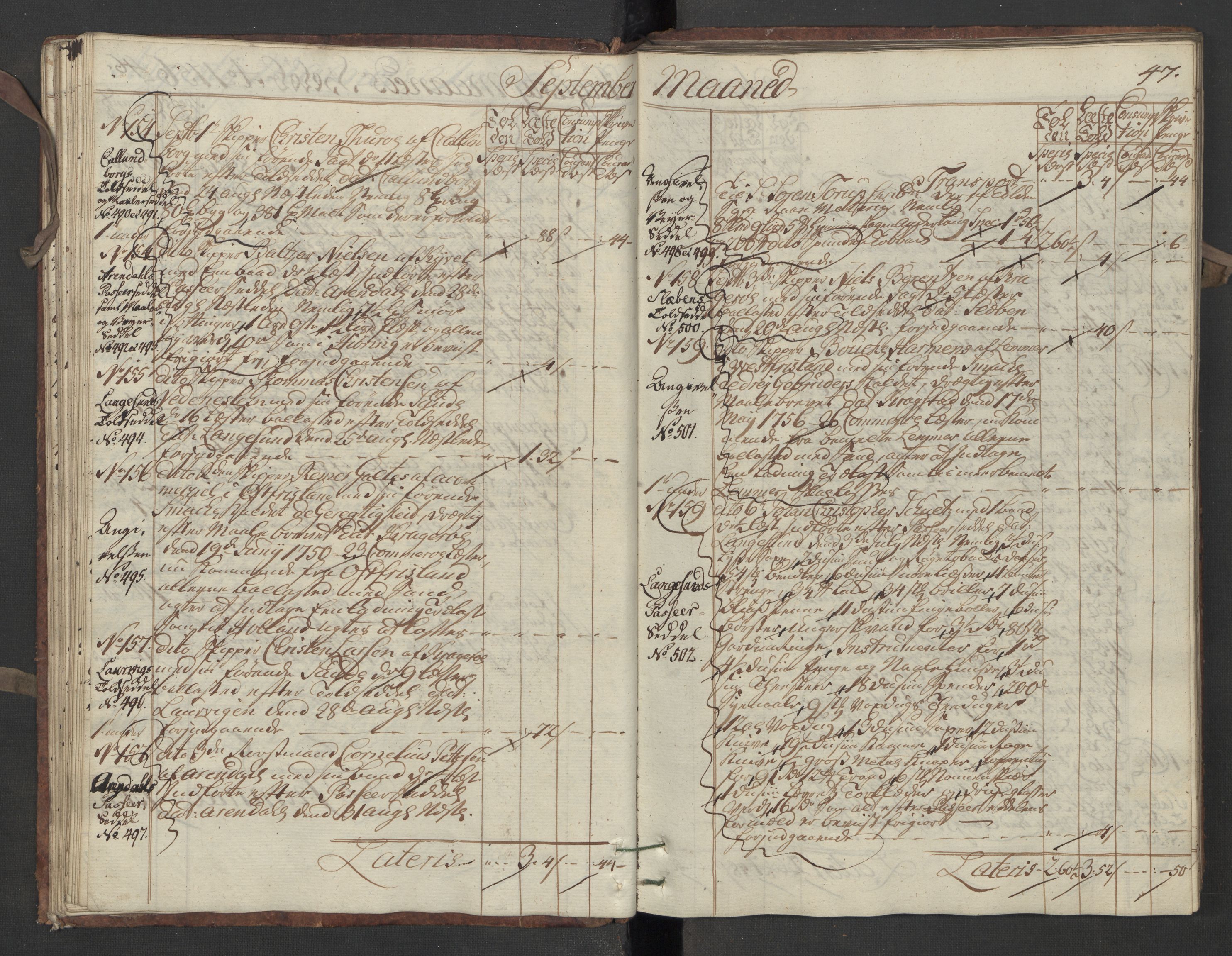 Generaltollkammeret, tollregnskaper, RA/EA-5490/R13/L0020/0001: Tollregnskaper Kragerø / Inngående hovedtollbok, 1756, p. 46b-47a