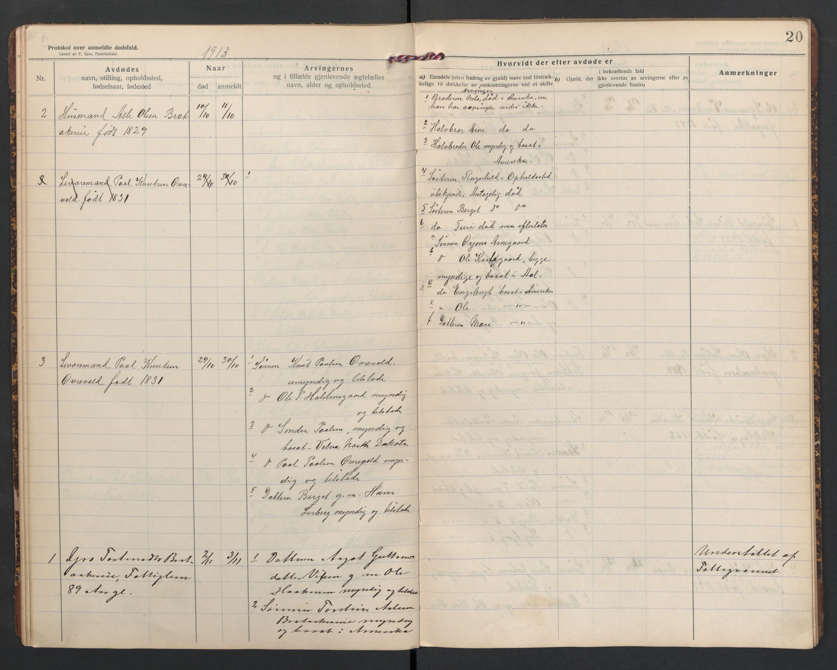 Hol lensmannskontor, SAKO/A-512/H/Ha/L0004: Dødsanmeldelsesprotokoll, 1911-1916, p. 20