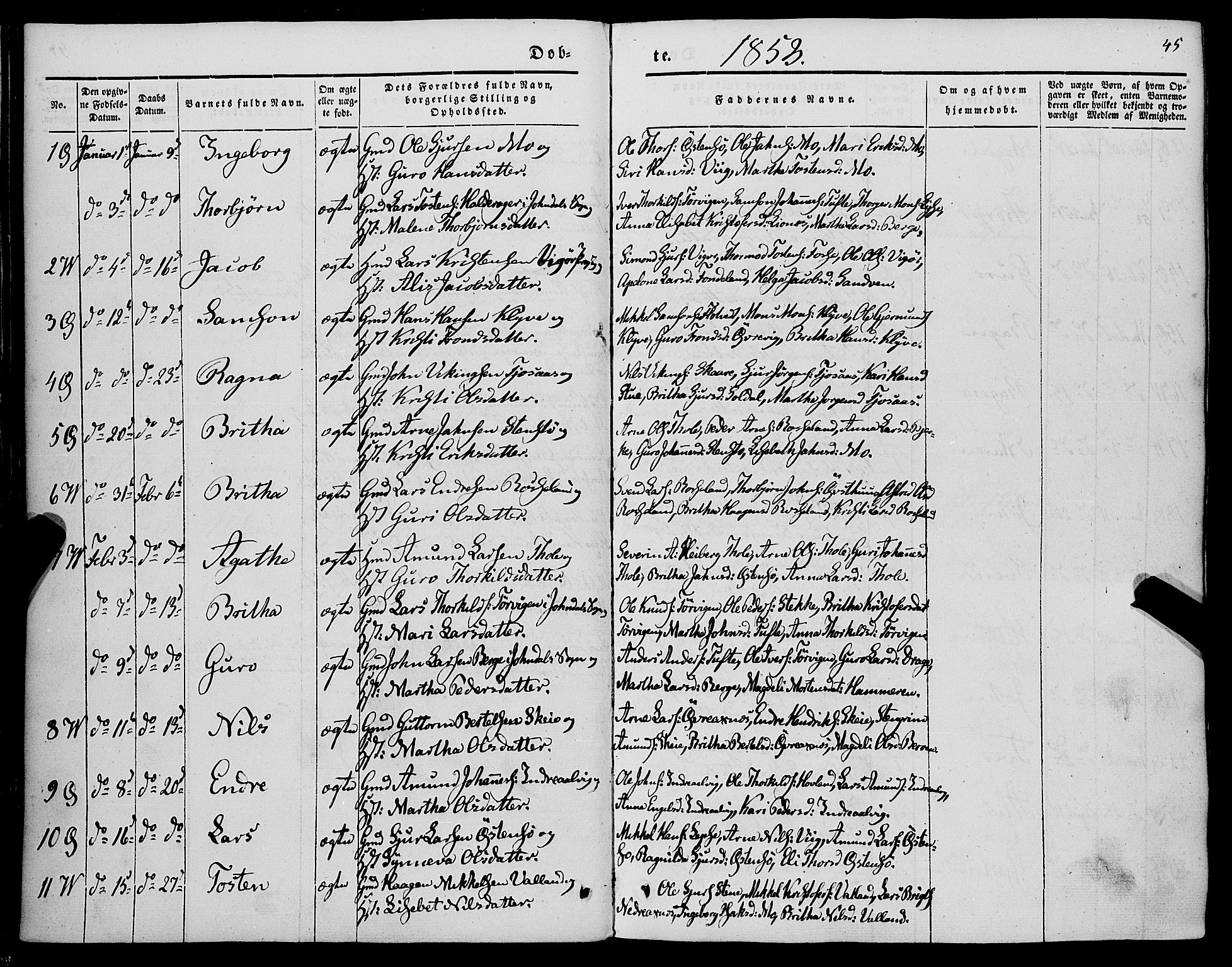 Kvam sokneprestembete, AV/SAB-A-76201/H/Haa: Parish register (official) no. A 8, 1844-1863, p. 45