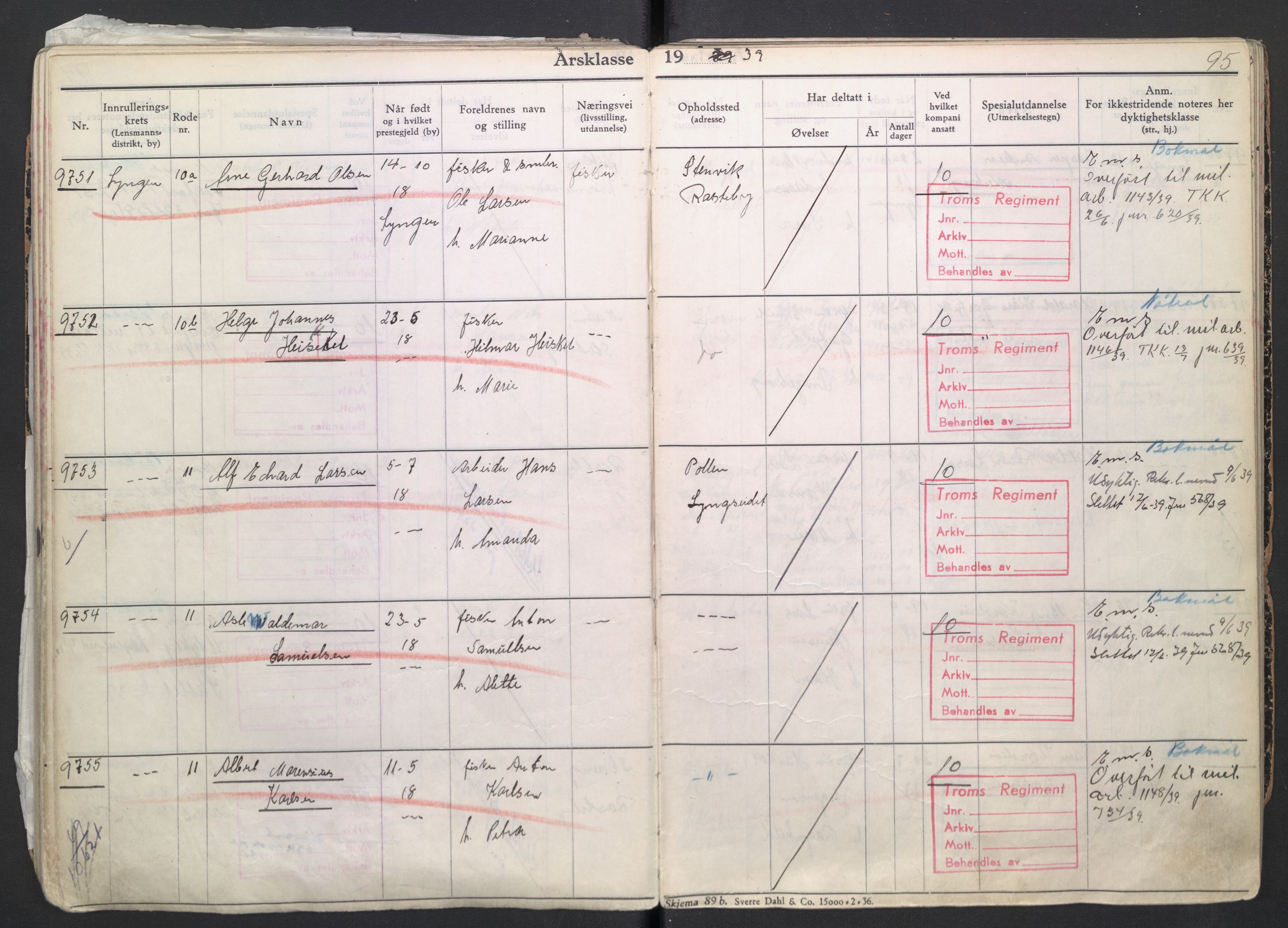 Forsvaret, Troms infanteriregiment nr. 16, AV/RA-RAFA-3146/P/Pa/L0007/0004: Ruller / Rulle for regimentets menige mannskaper, årsklasse 1939, 1939, p. 95