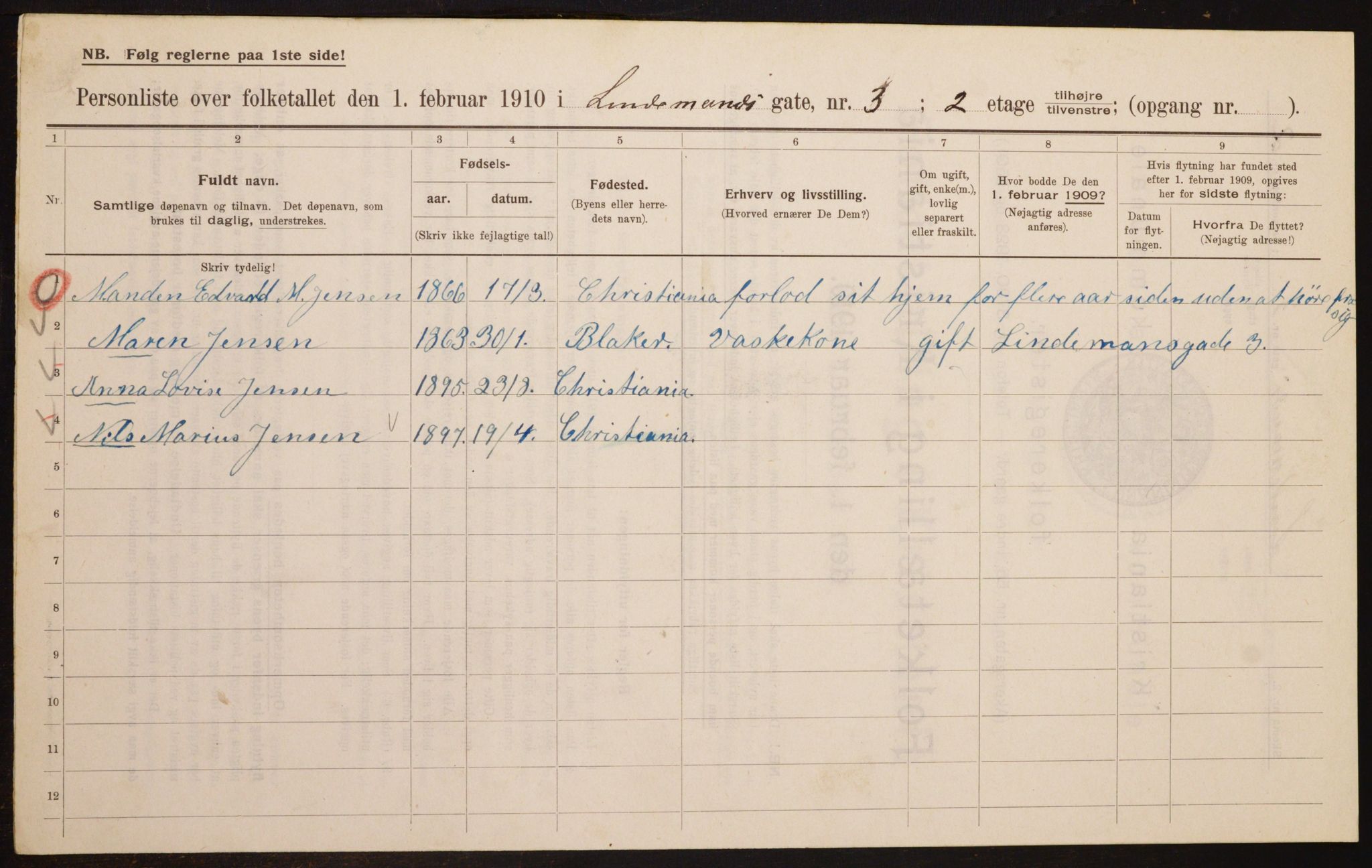 OBA, Municipal Census 1910 for Kristiania, 1910, p. 55658