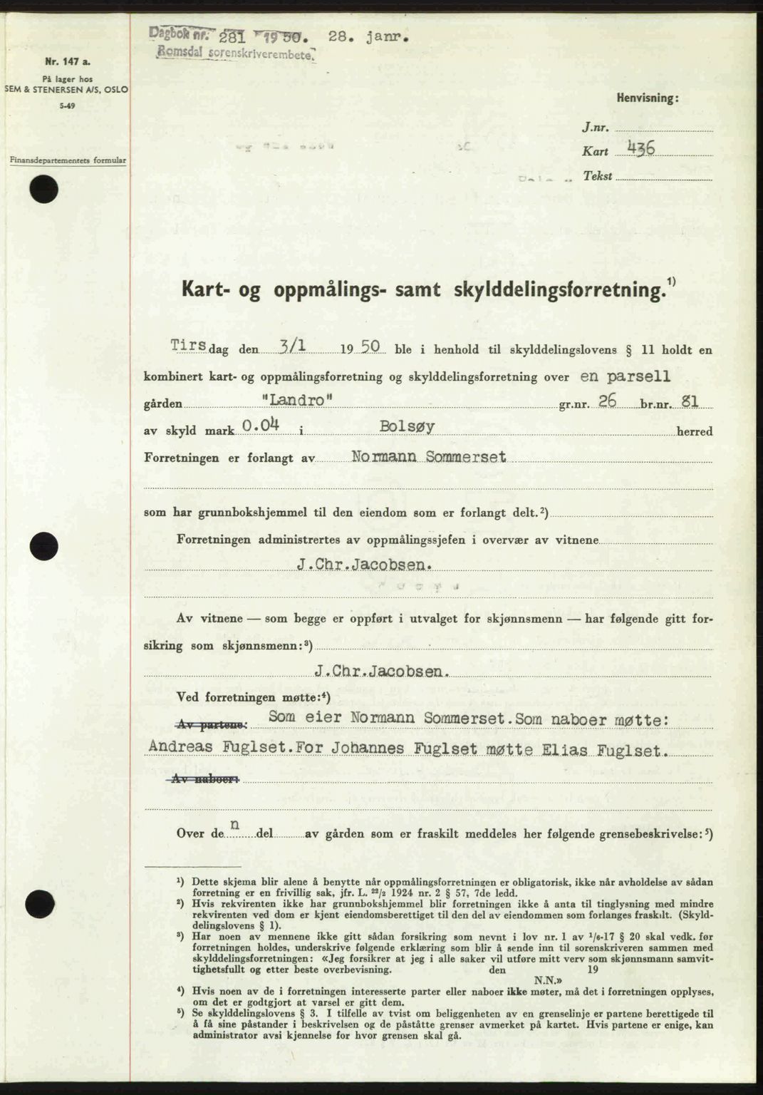 Romsdal sorenskriveri, AV/SAT-A-4149/1/2/2C: Mortgage book no. A32, 1950-1950, Diary no: : 281/1950