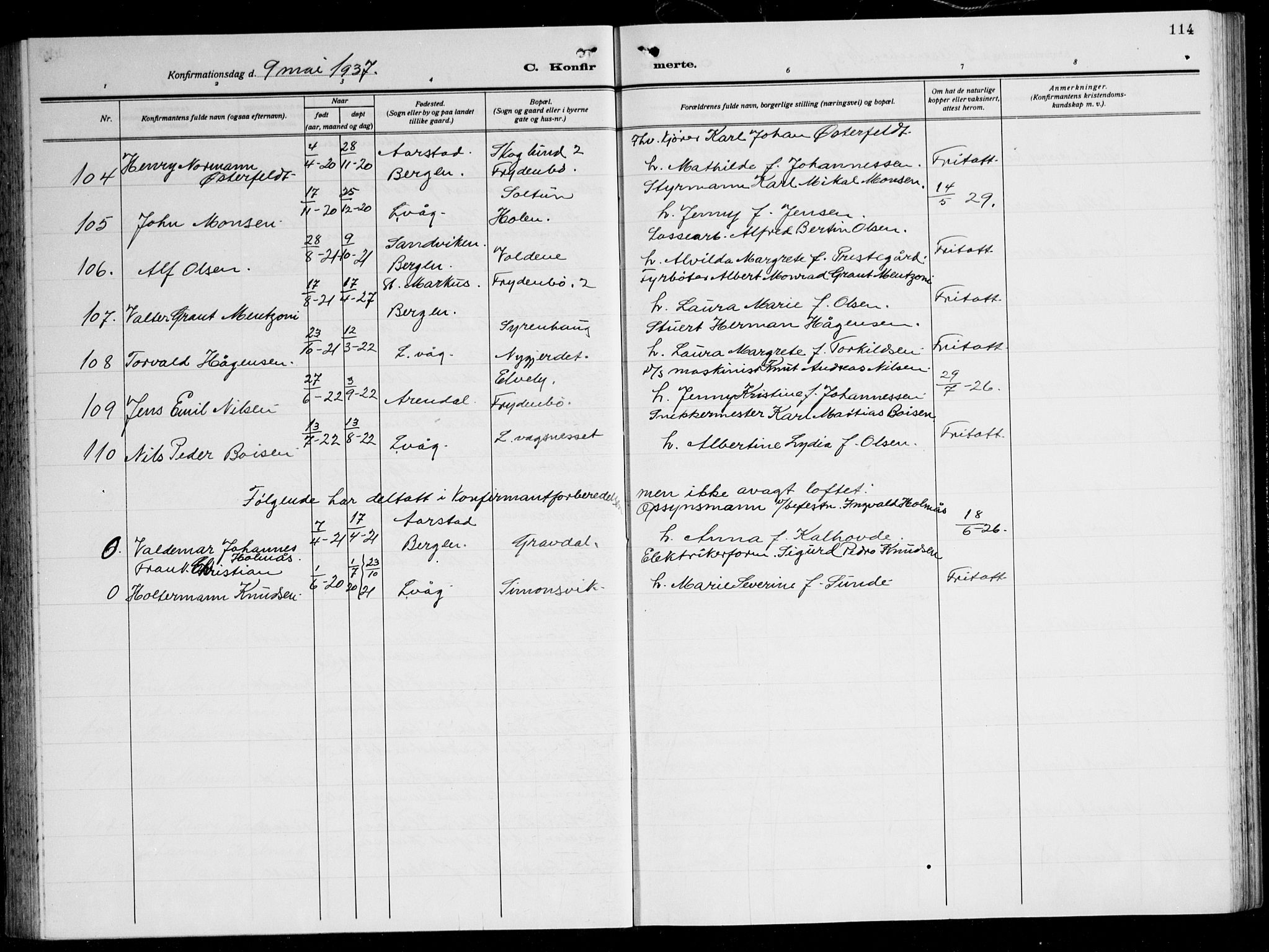 Laksevåg Sokneprestembete, SAB/A-76501/H/Ha/Hab/Haba: Parish register (copy) no. A 10, 1925-1942, p. 114