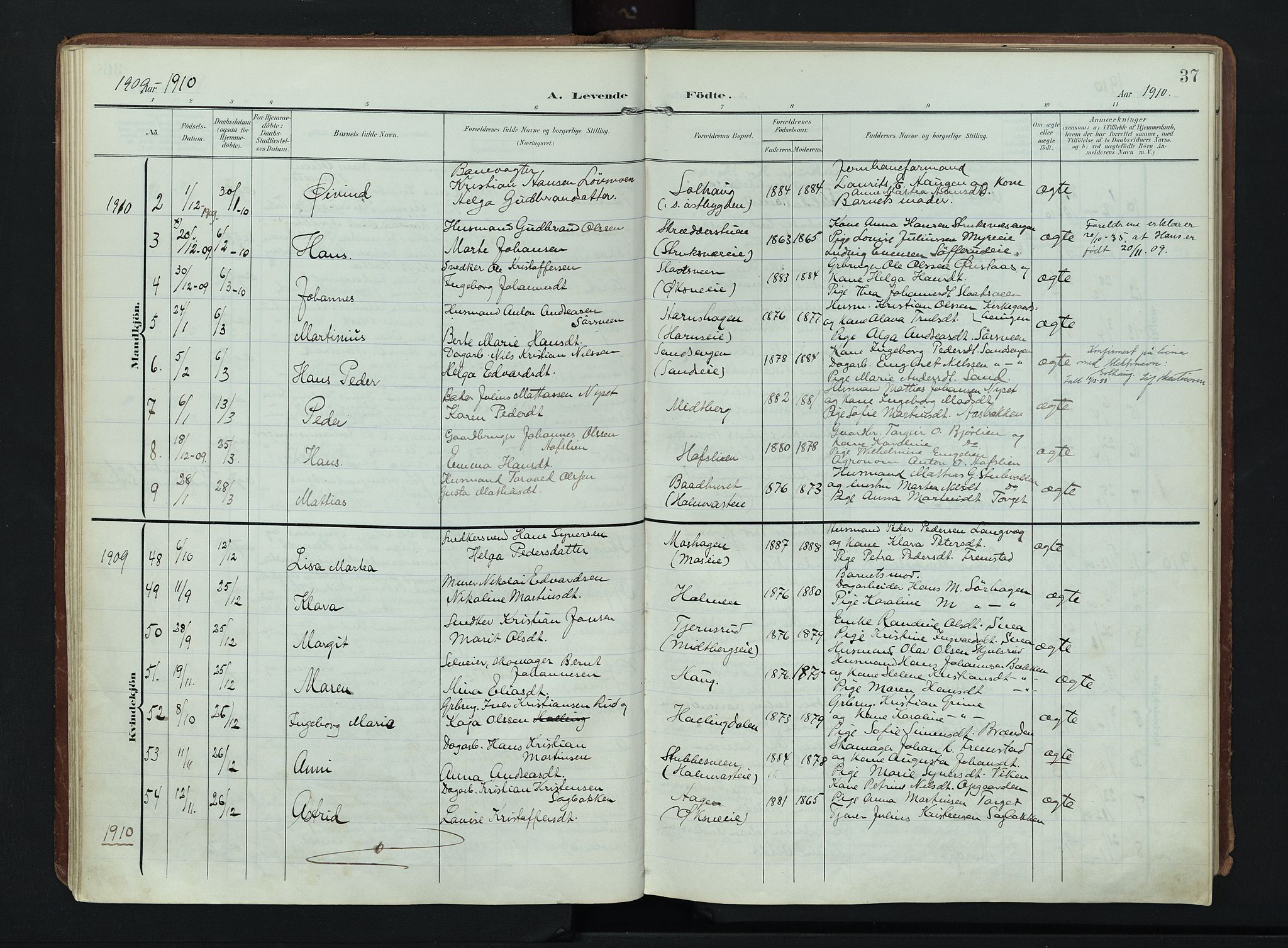 Søndre Land prestekontor, SAH/PREST-122/K/L0007: Parish register (official) no. 7, 1905-1914, p. 37