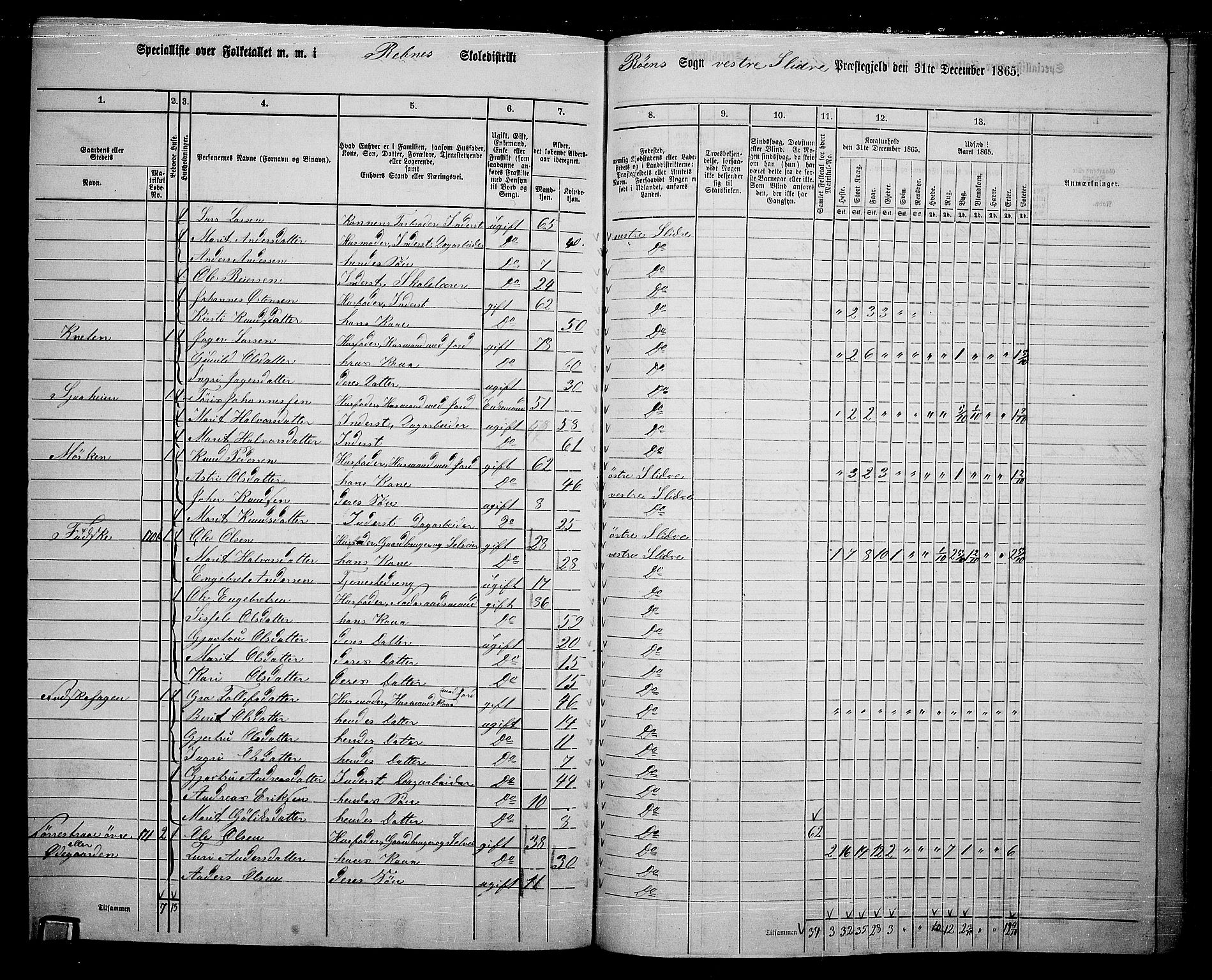 RA, 1865 census for Vestre Slidre, 1865, p. 132