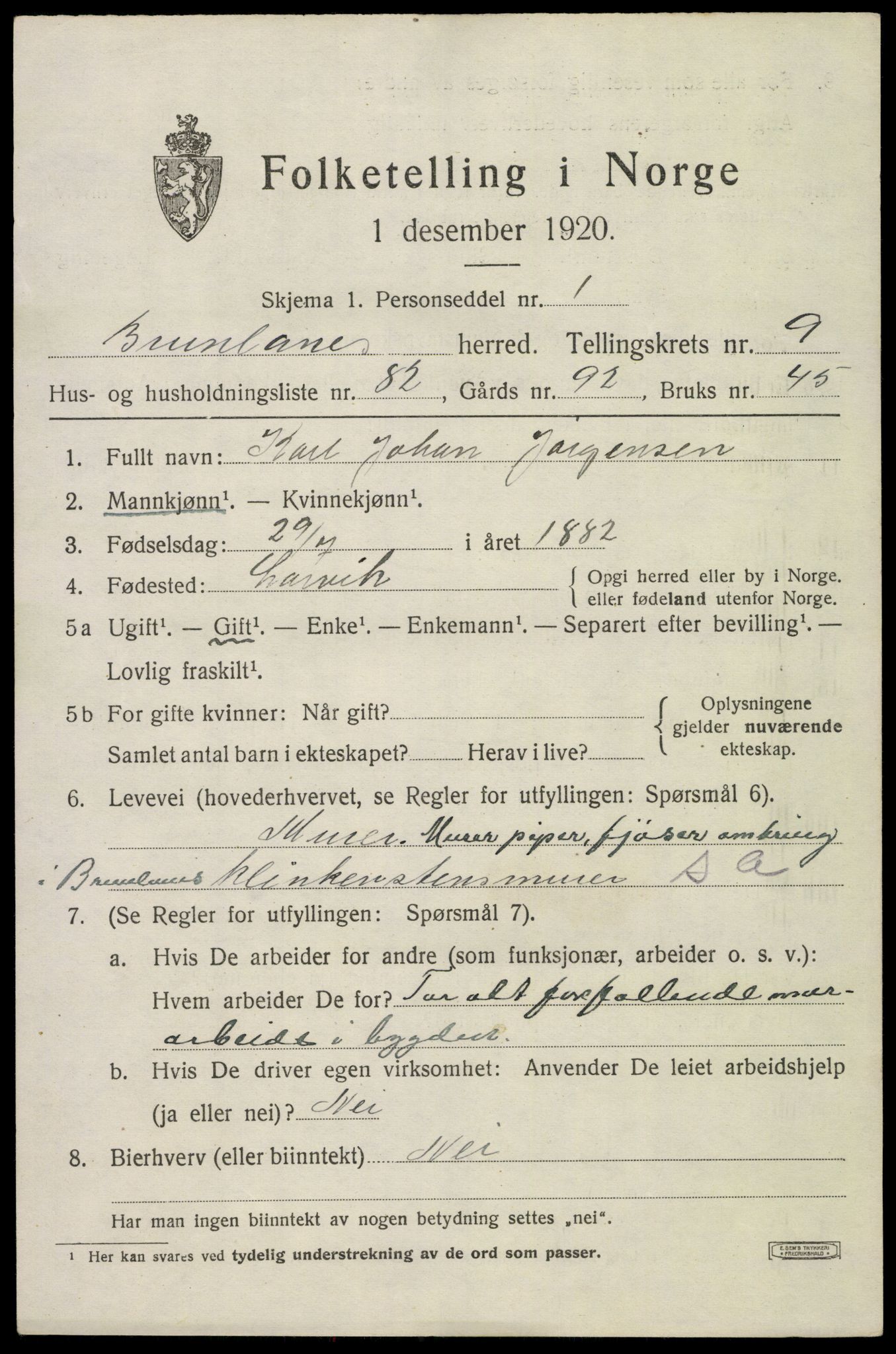 SAKO, 1920 census for Brunlanes, 1920, p. 8603