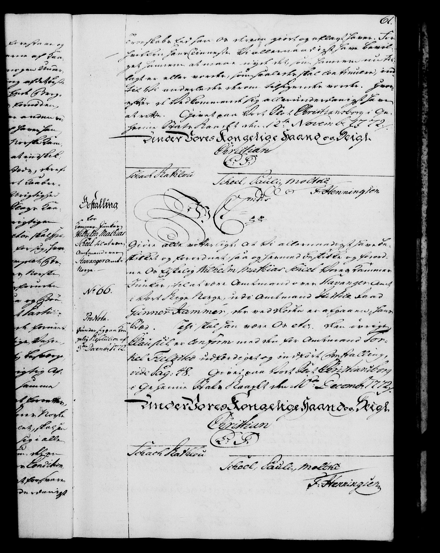 Rentekammeret, Kammerkanselliet, RA/EA-3111/G/Gg/Gge/L0005: Norsk bestallingsprotokoll med register (merket RK 53.29), 1771-1773, p. 61