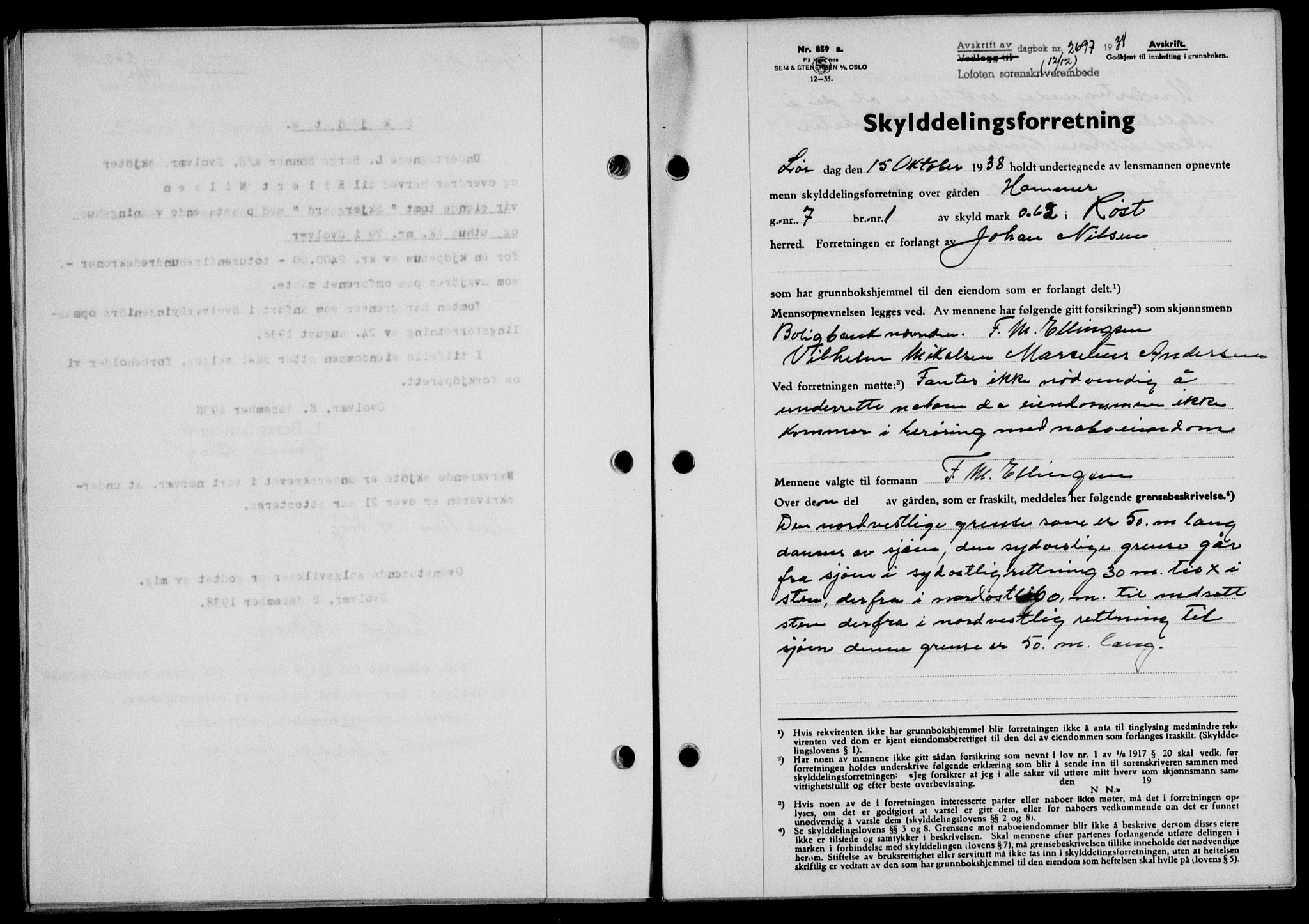 Lofoten sorenskriveri, SAT/A-0017/1/2/2C/L0005a: Mortgage book no. 5a, 1939-1939, Diary no: : 2697/1938