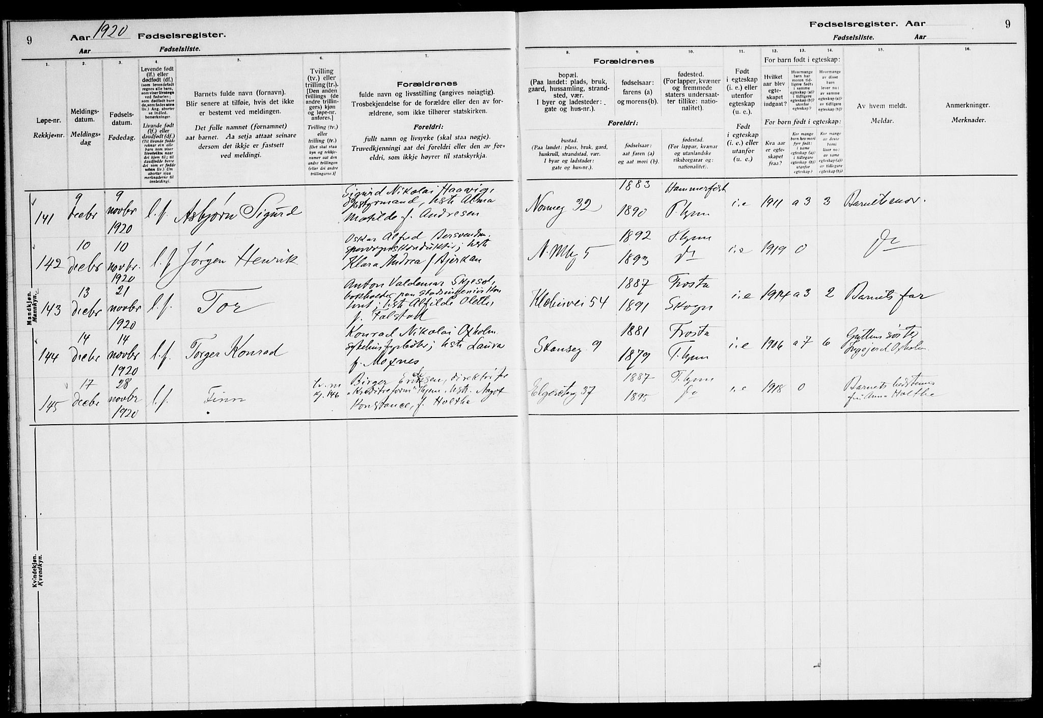 Ministerialprotokoller, klokkerbøker og fødselsregistre - Sør-Trøndelag, SAT/A-1456/604/L0233: Birth register no. 604.II.4.2, 1920-1928, p. 9
