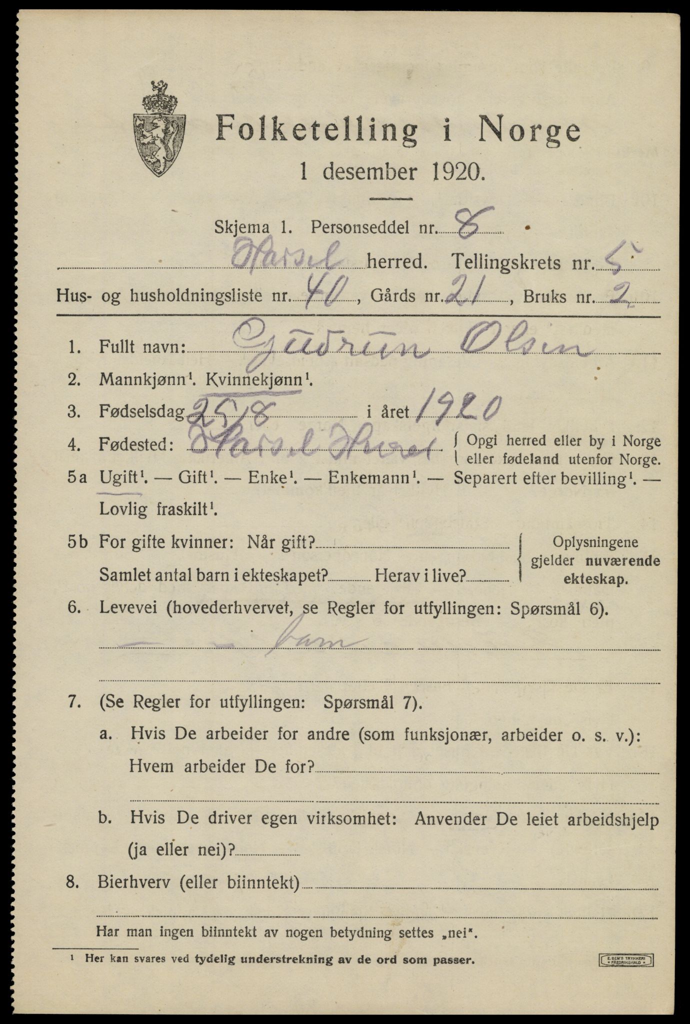 SAT, 1920 census for Hadsel, 1920, p. 6480