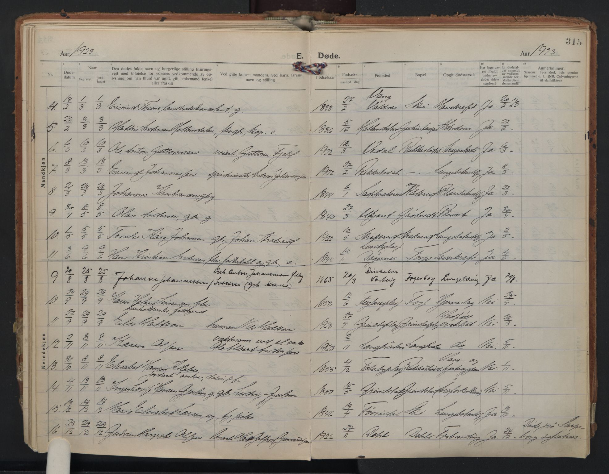 Rakkestad prestekontor Kirkebøker, SAO/A-2008/F/Fa/L0016: Parish register (official) no. I 16, 1922-1943, p. 315