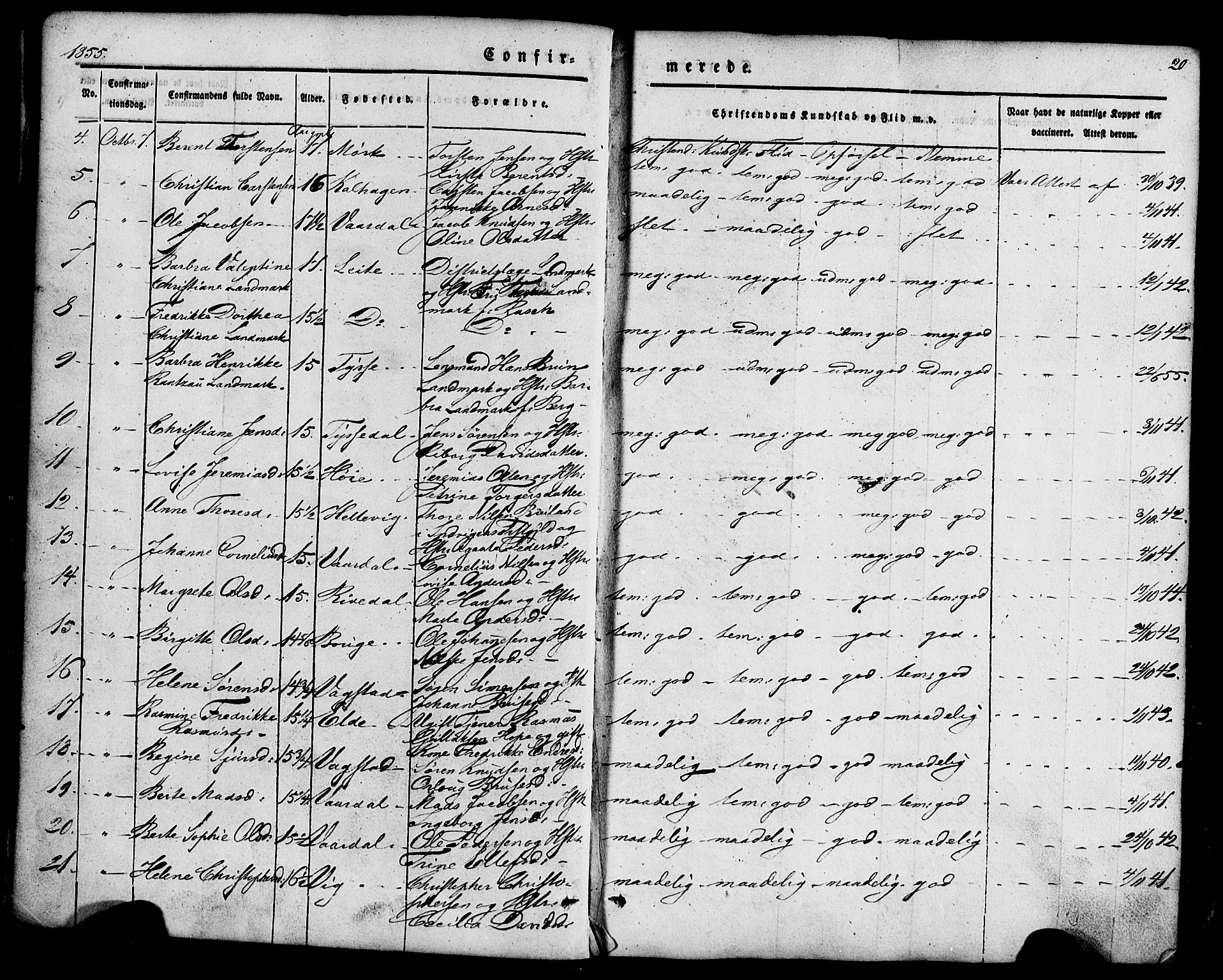 Fjaler sokneprestembete, AV/SAB-A-79801/H/Haa/Haaa/L0008: Parish register (official) no. A 8, 1850-1886, p. 20