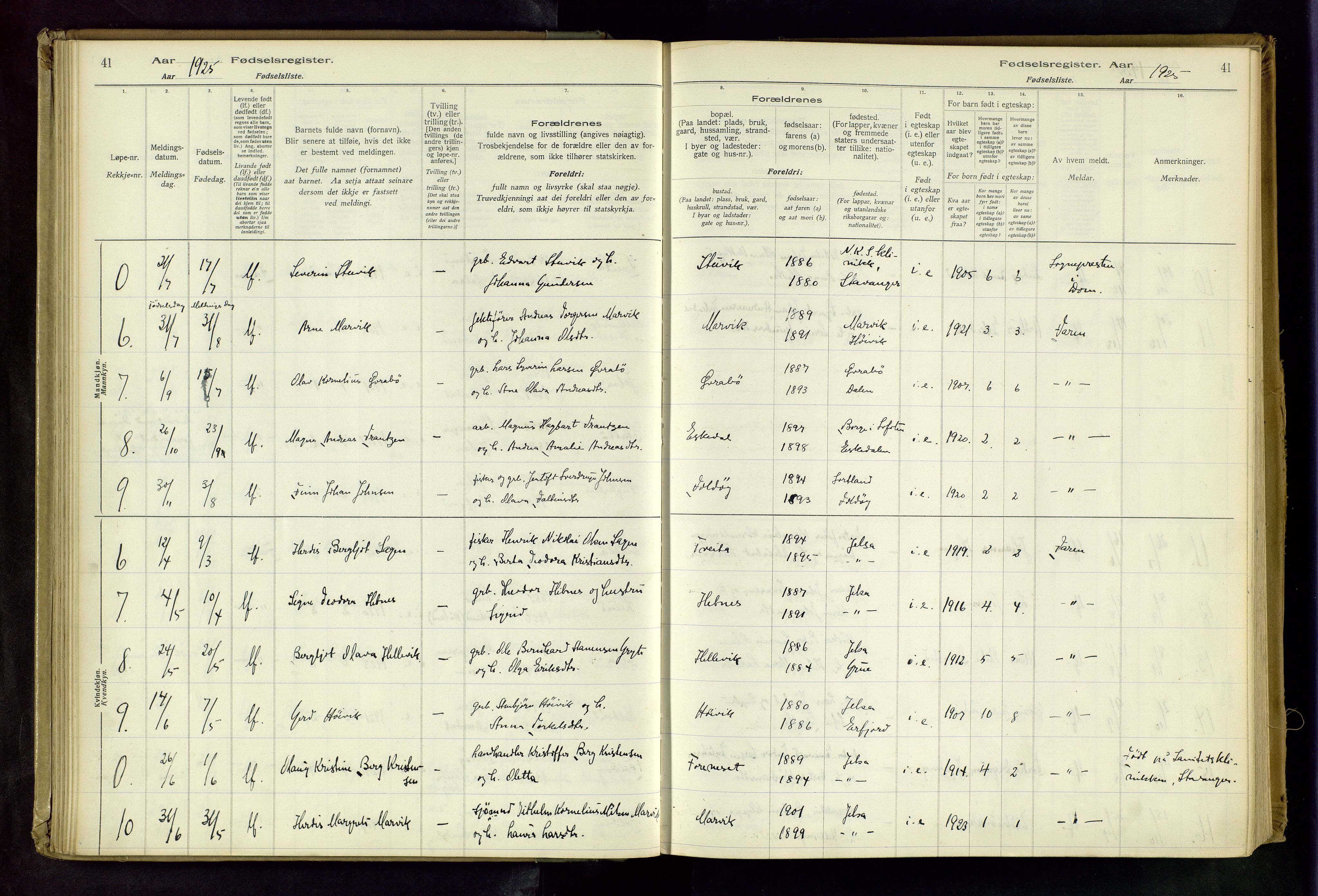 Jelsa sokneprestkontor, AV/SAST-A-101842/02/I: Birth register no. 13, 1916-1982, p. 41